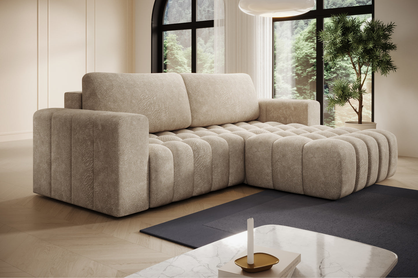 Perspektywiczny widok narożny sofy Bonett w kolorze Dora 21 beżowy.