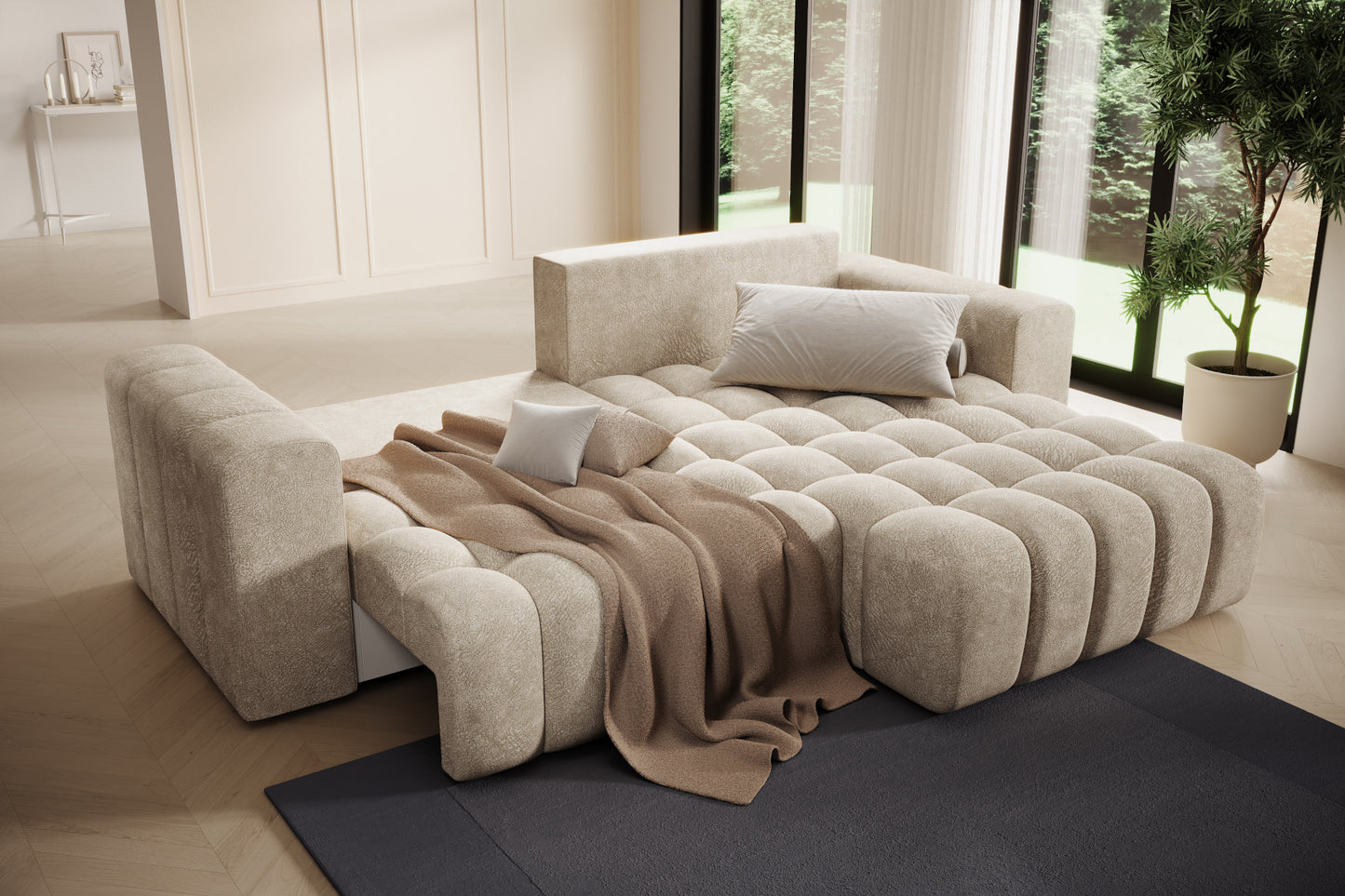 Rozłożona strefa spania/siedziska – Bonett Dora 21 beżowy, układ prawy.