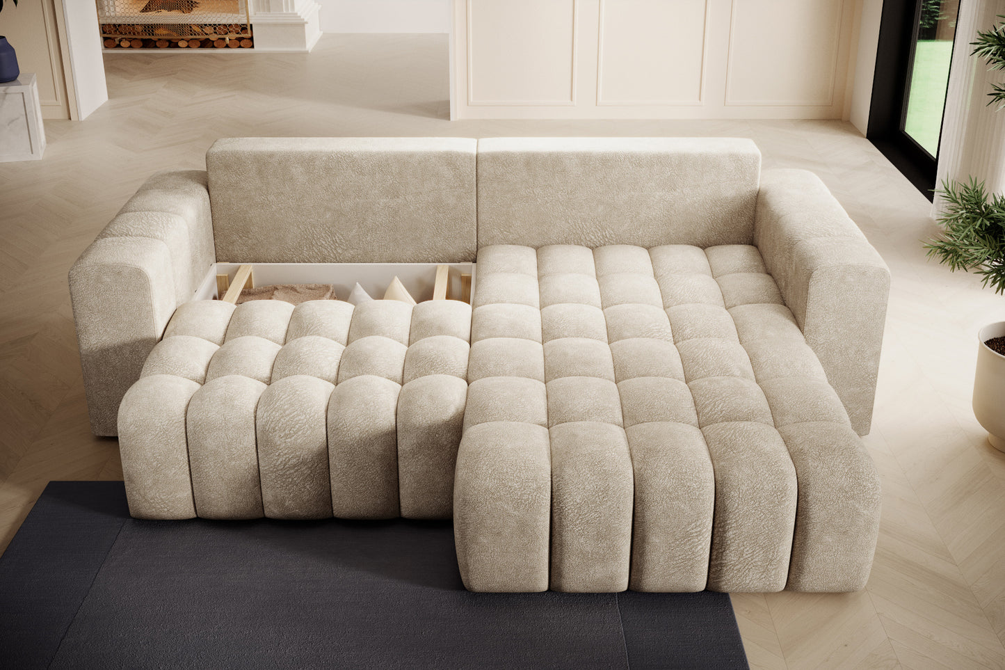 Strefa relaksu z pledem na szezlongu – narożnik Bonett, Dora 21 beżowy.