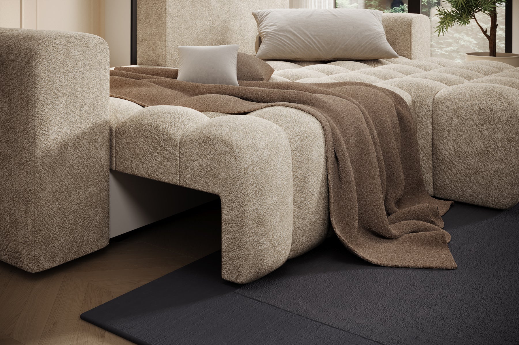 Zbliżenie na pikowane siedzisko i miękkie oparcie – Bonett Dora 21 beżowy.