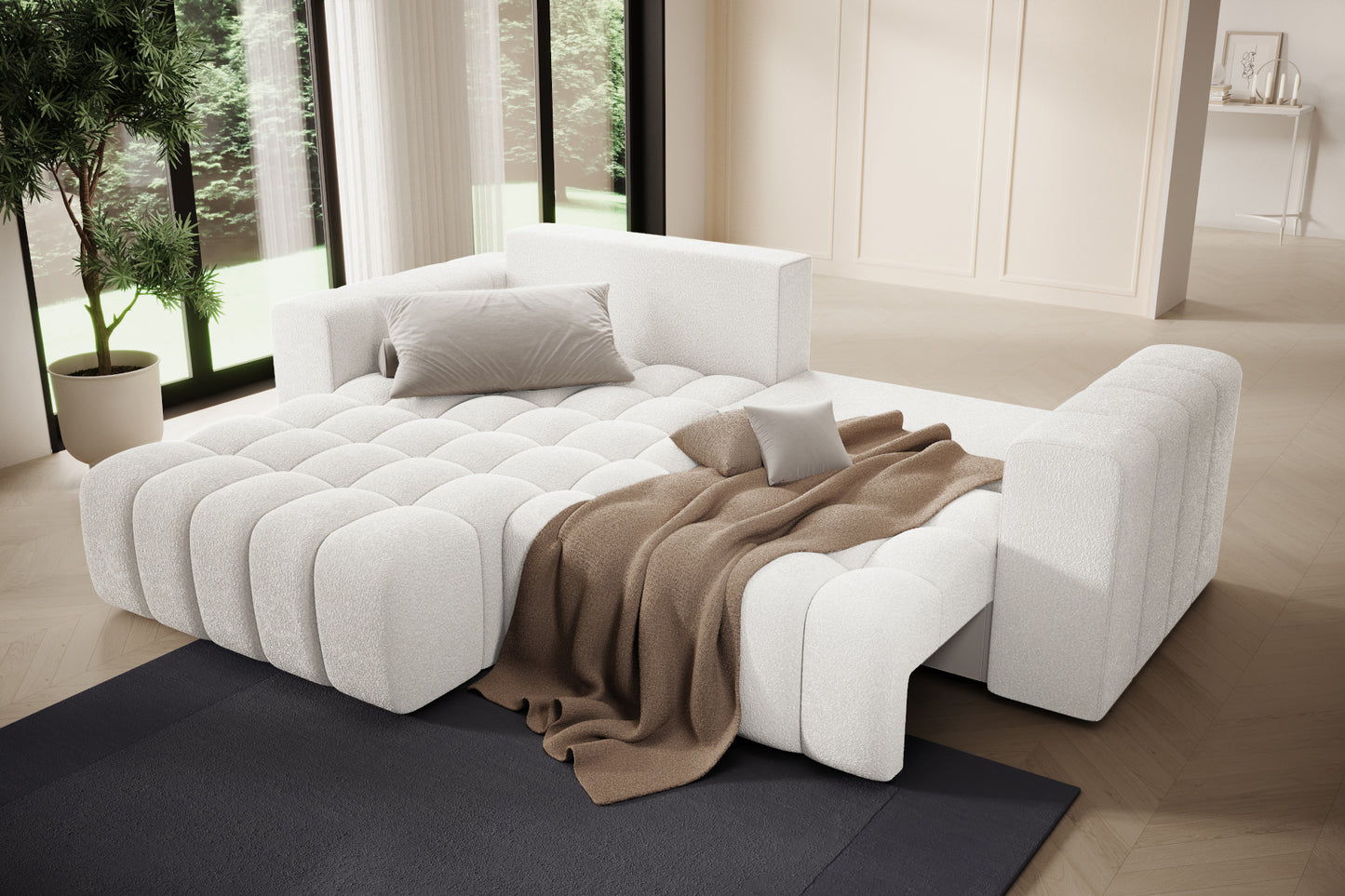 Strefa relaksu – szezlong narożnika Bonett z pledem, układ lewy.