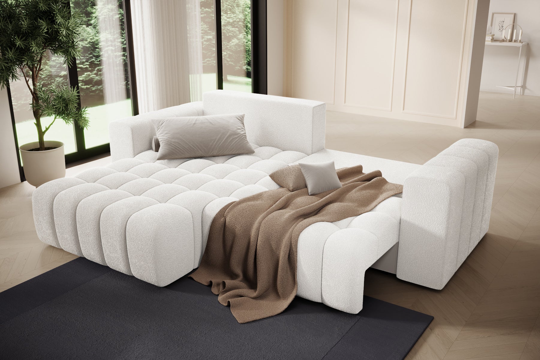 Strefa relaksu – szezlong narożnika Bonett z pledem, układ lewy.