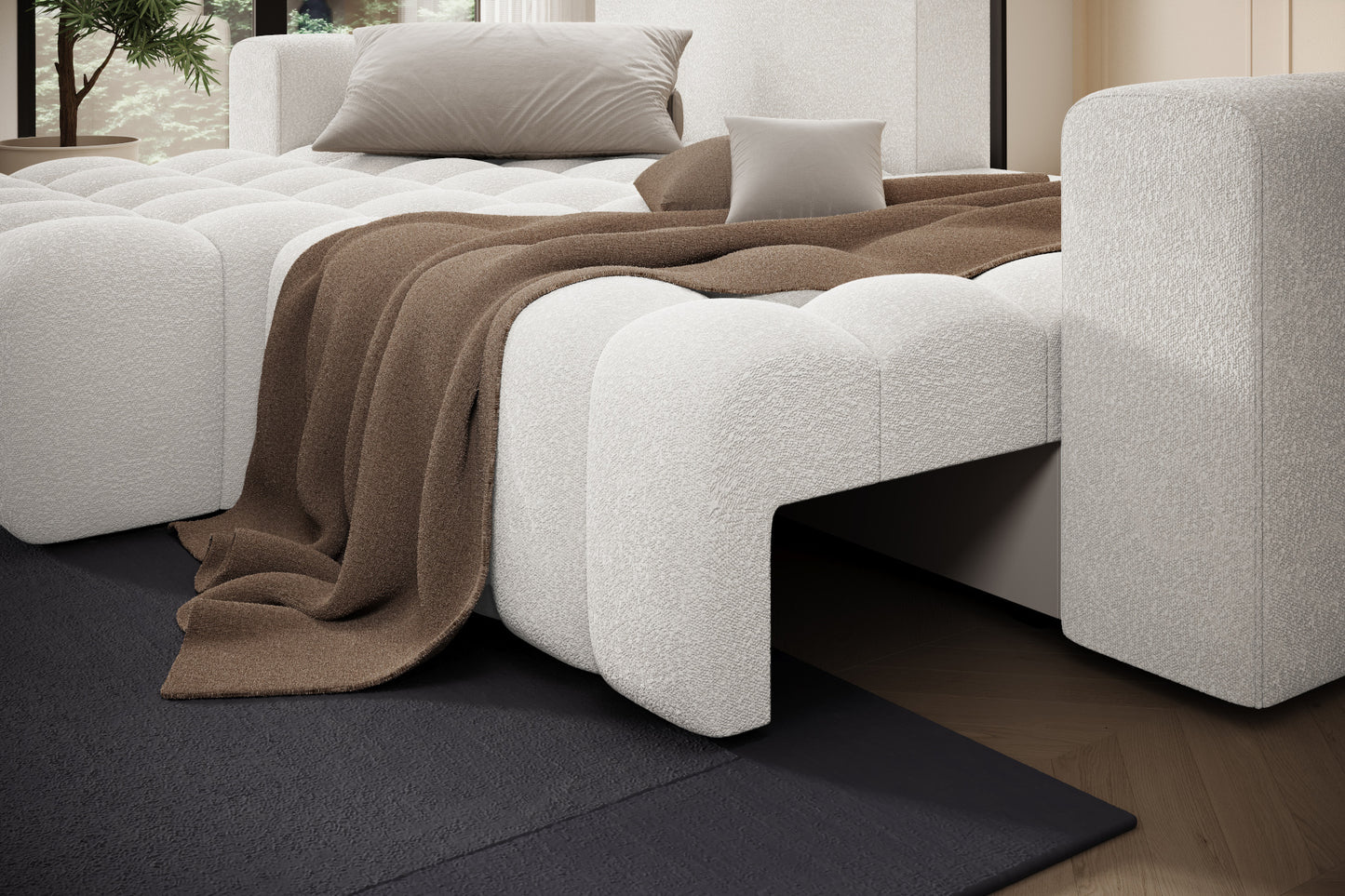 Detal oparcia i podłokietnika narożnika Bonett – tkanina Jaffray 01, układ lewy.