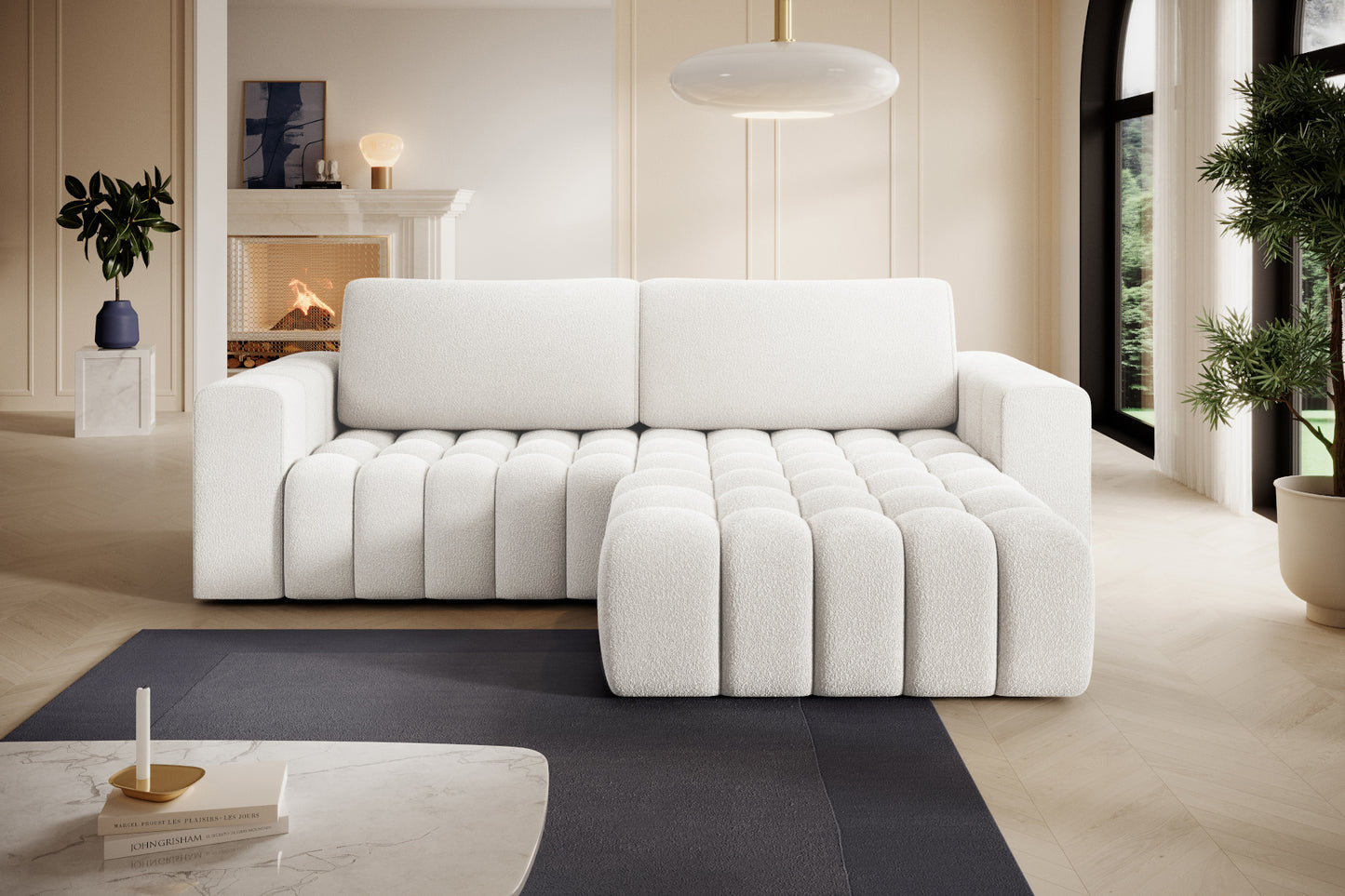 Bonett Jaffray 01 biały w aranżacji salonu, szezlong po prawej stronie.