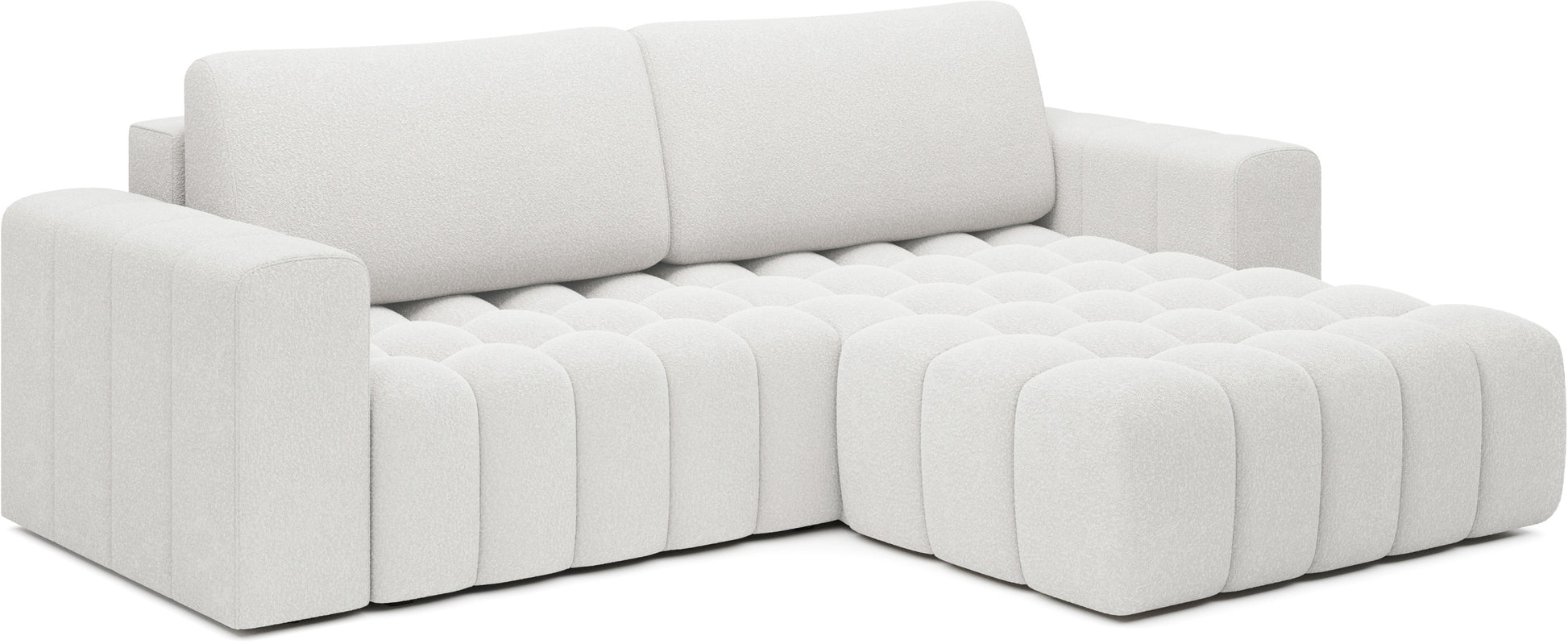 Widok na kształt L z szezlongiem po prawej – narożnik Bonett, tkanina Jaffray 01 biały.