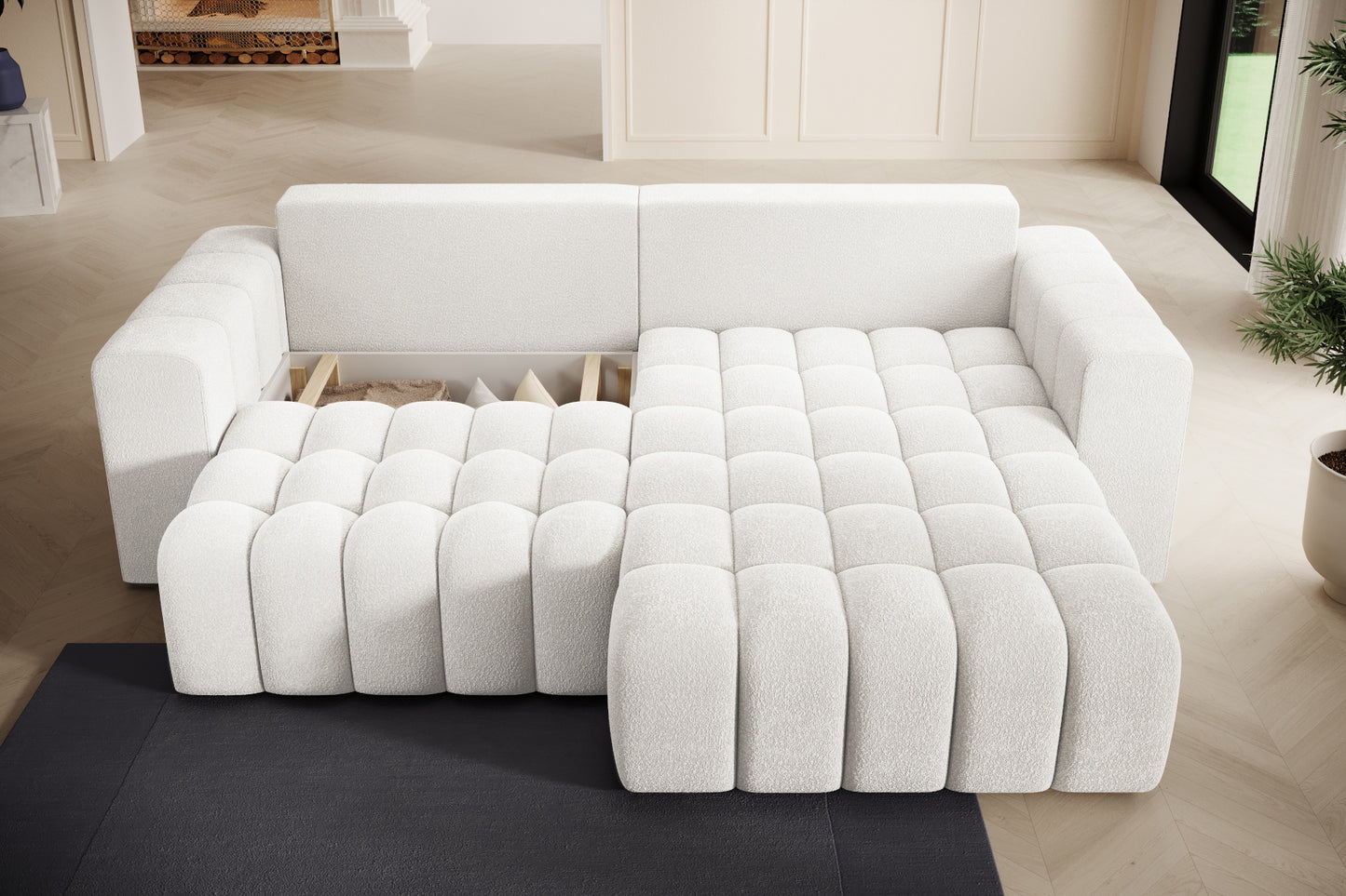 Zbliżenie na pikowane siedzisko i poduchy – Bonett Jaffray 01 biały, układ prawy.