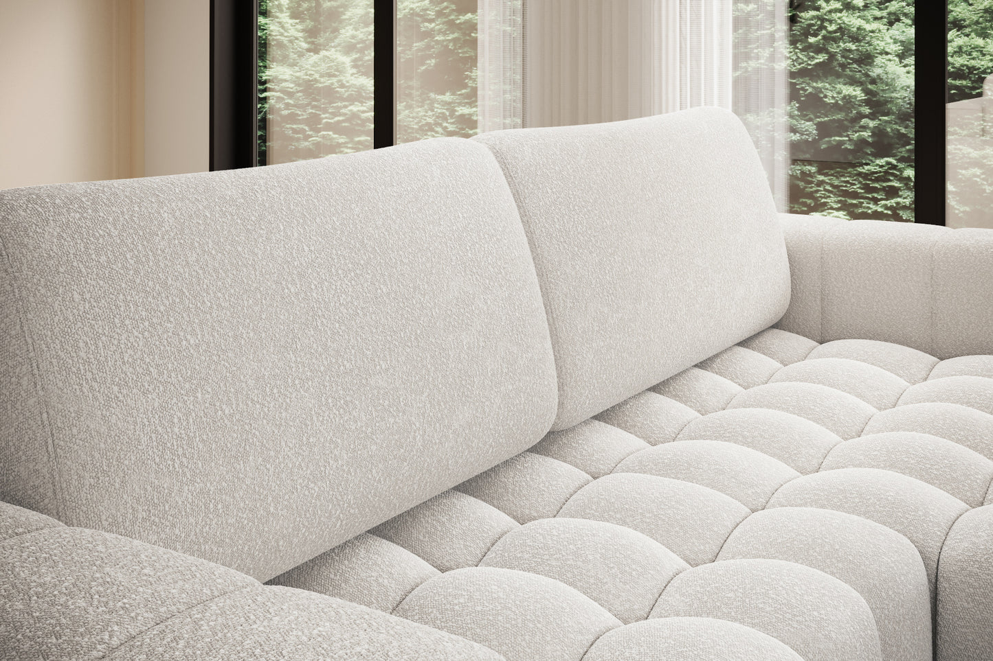 Detal miękkiego oparcia i przeszyć tkaniny Jaffray 01 biały – Bonett.