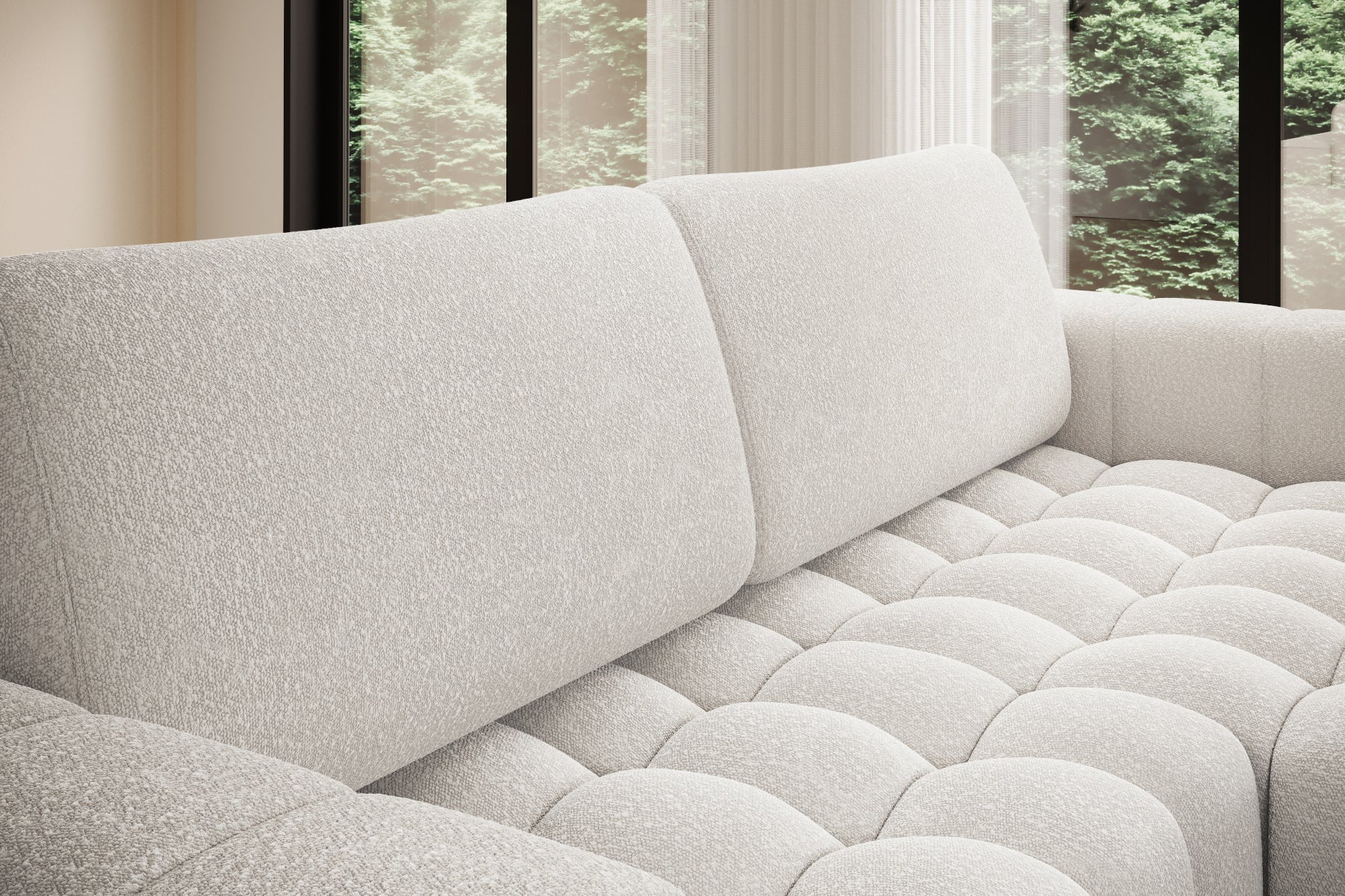 Detal miękkiego oparcia i przeszyć tkaniny Jaffray 01 biały – Bonett.