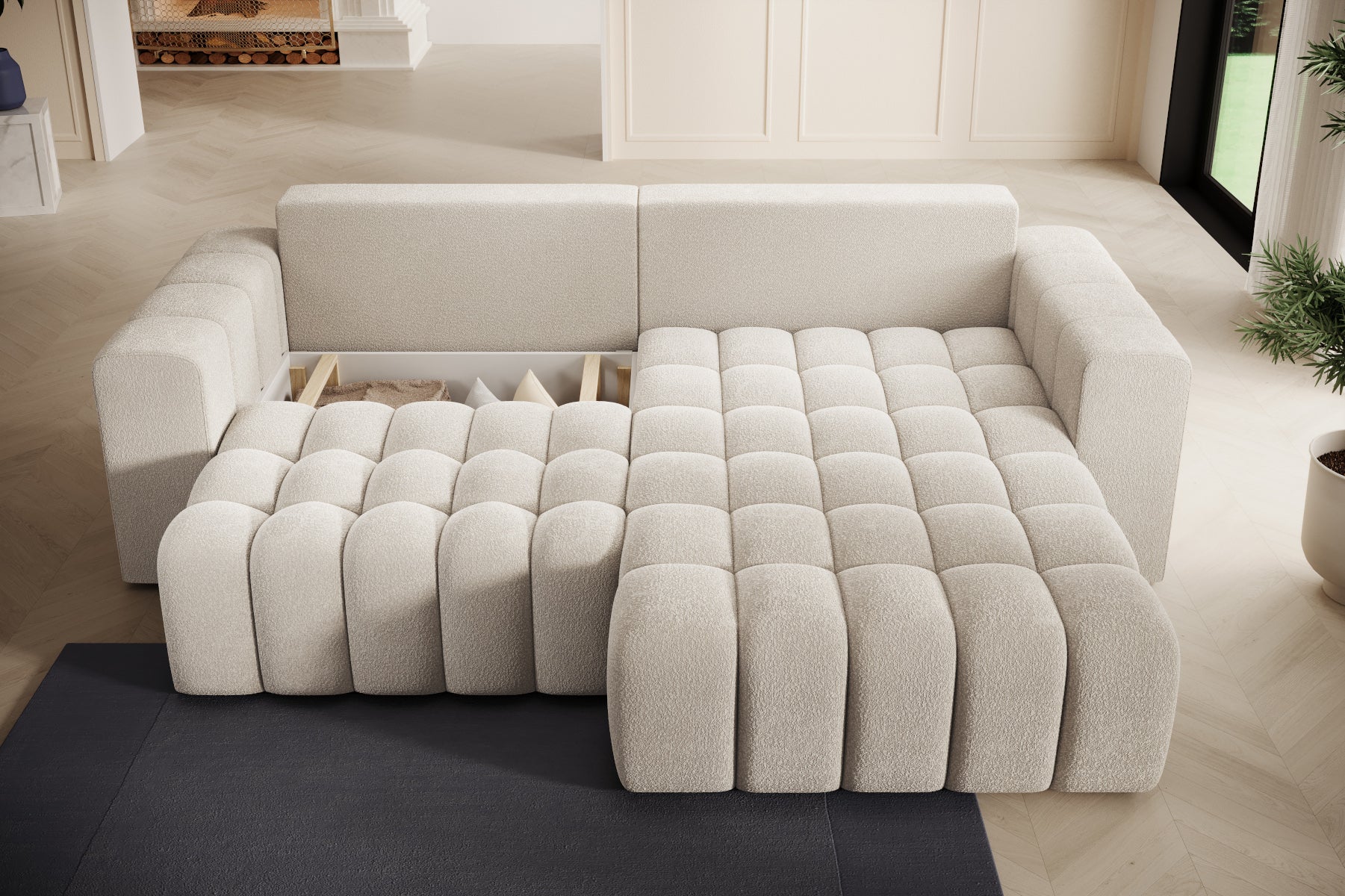 Narożnik Bonett rozłożony do spania z pikowanym siedziskiem, układ prawy.