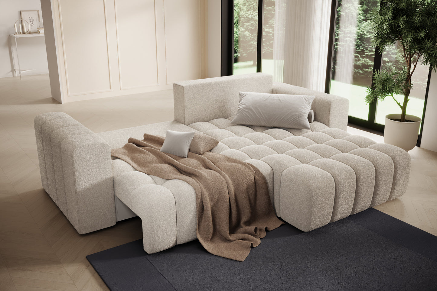 Szezlong narożnika Bonett z pledem – strefa relaksu, układ prawy.