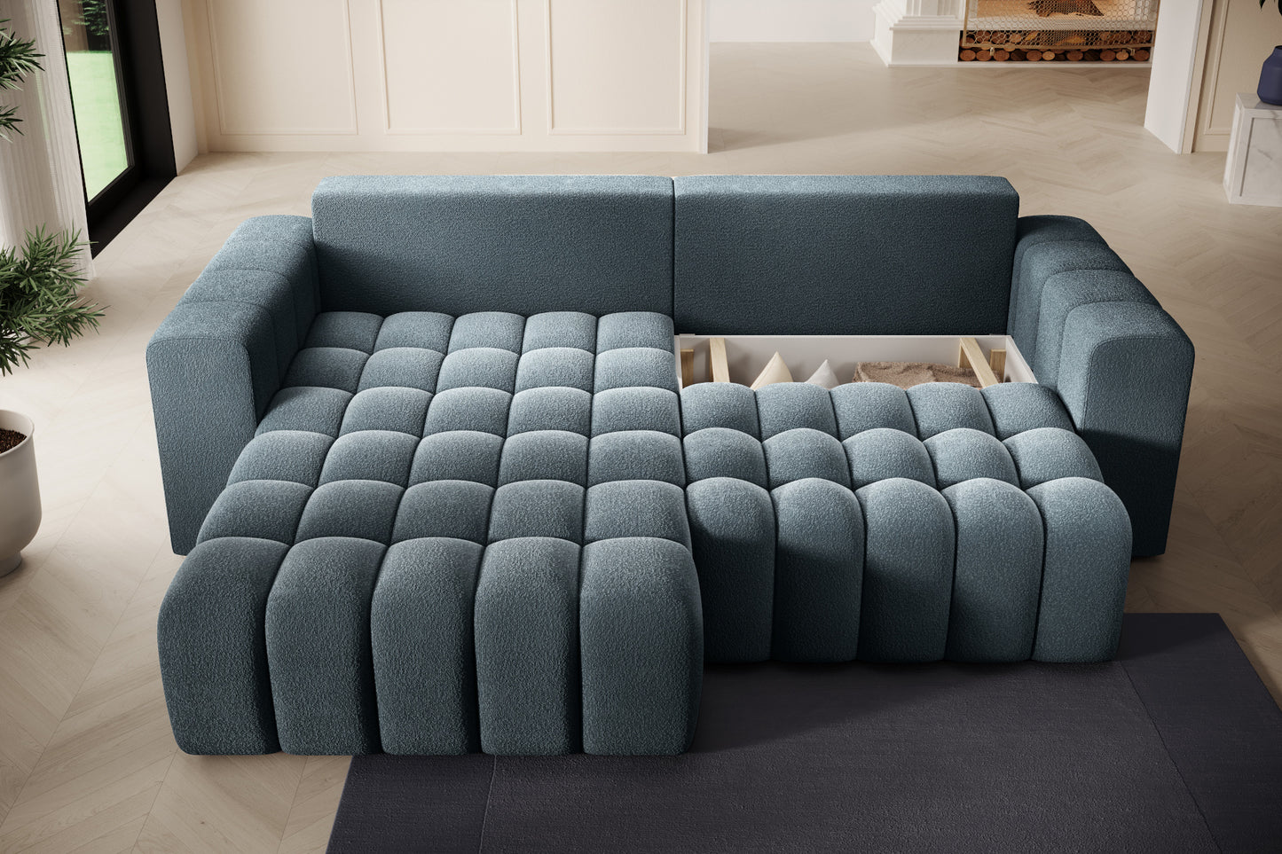 Narożnik Bonett rozłożony do spania – widok z góry na pikowane siedziska, układ lewy.