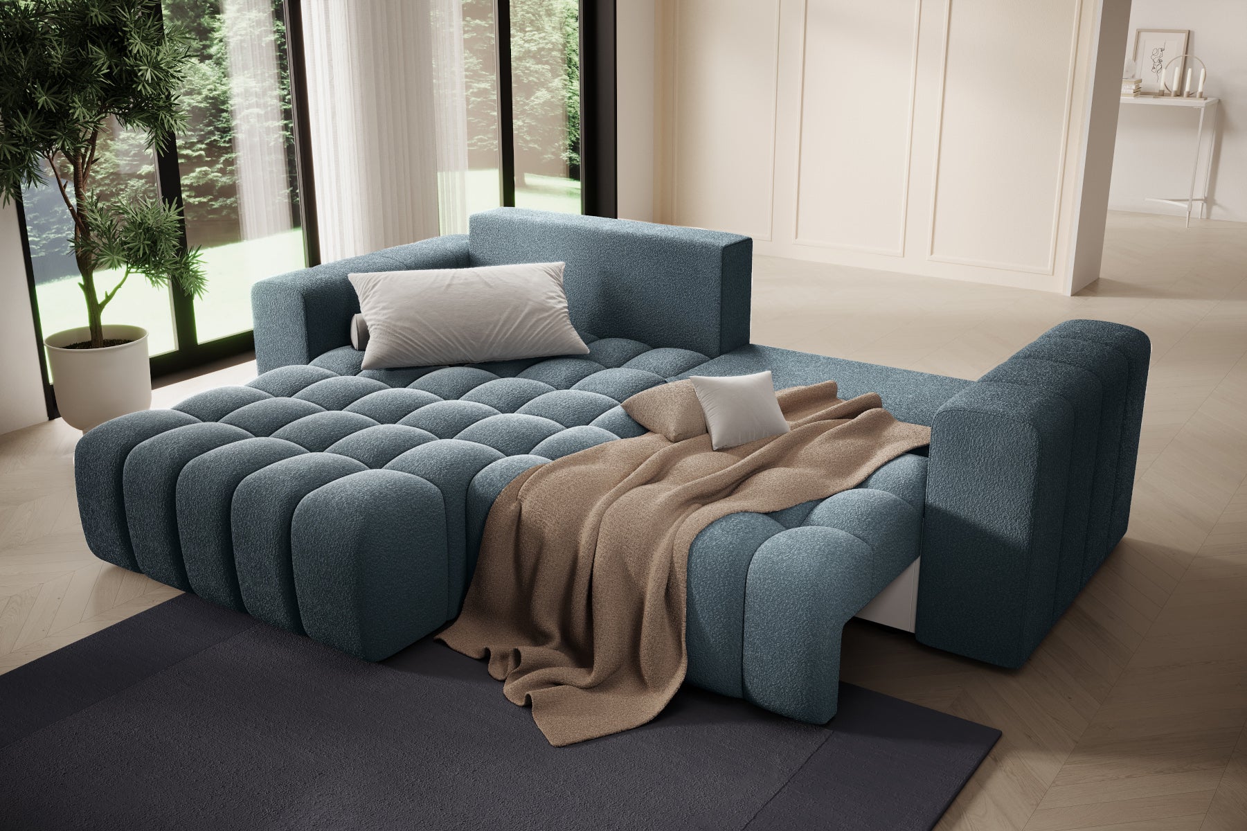 Bonett Jaffray 40 – szezlong z pledem, strefa relaksu, układ lewy.