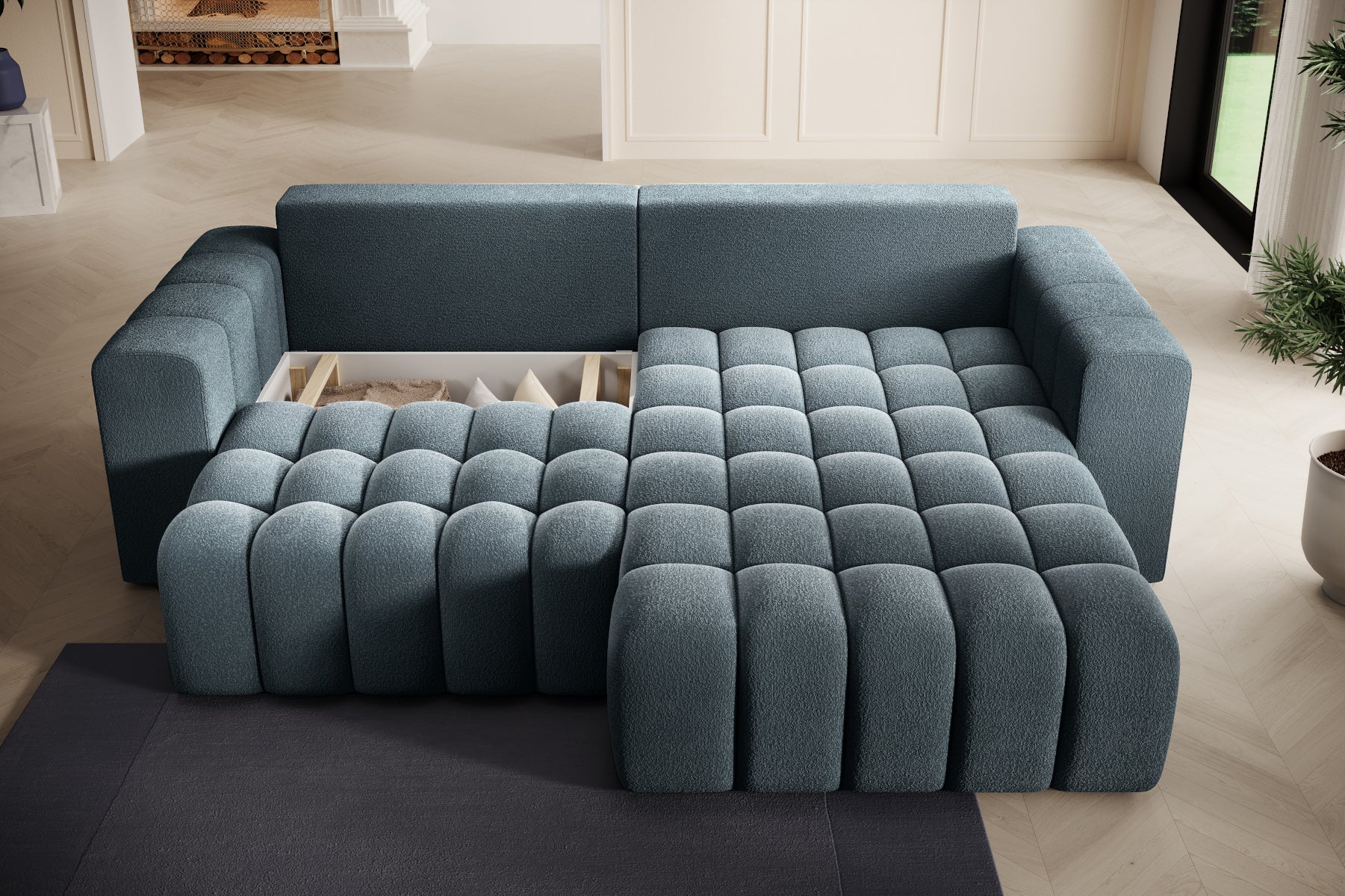 Narożnik Bonett rozłożony do spania z pikowanym siedziskiem, układ prawy.