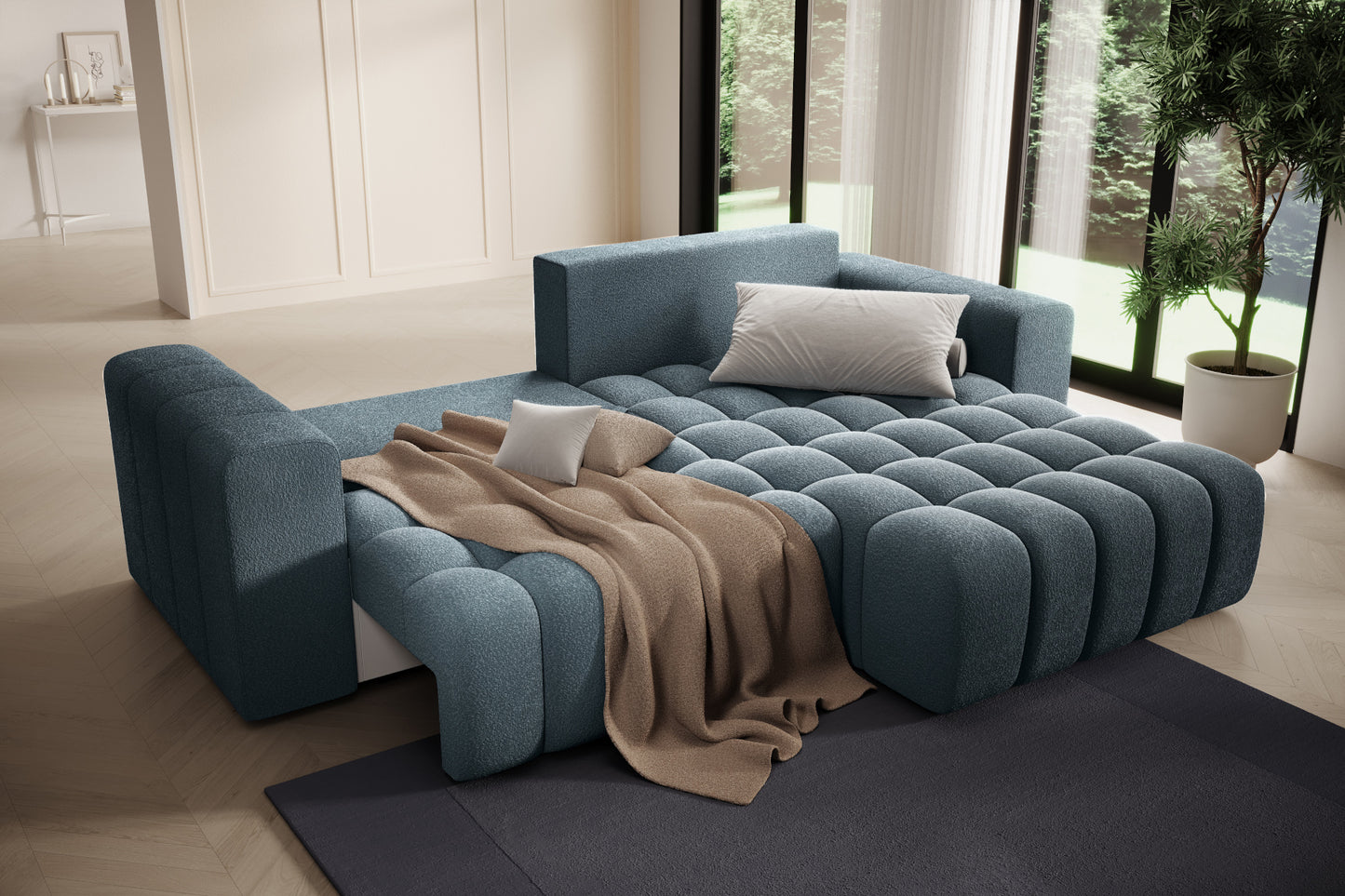 Bonett Jaffray 40 – szezlong z pledem, strefa relaksu, układ prawy.