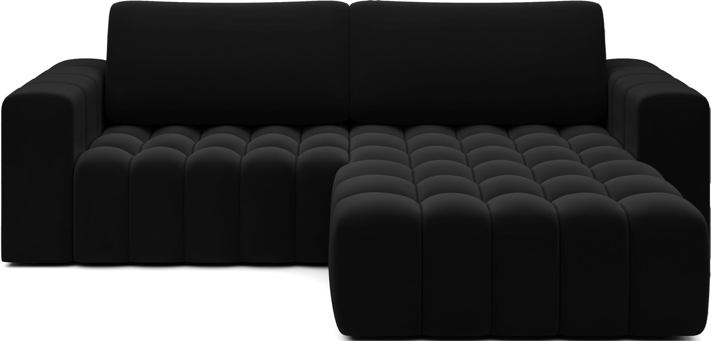 Narożnik Bonett, tkanina Mat Velvet 99 czarny – widok frontowy, układ prawy.