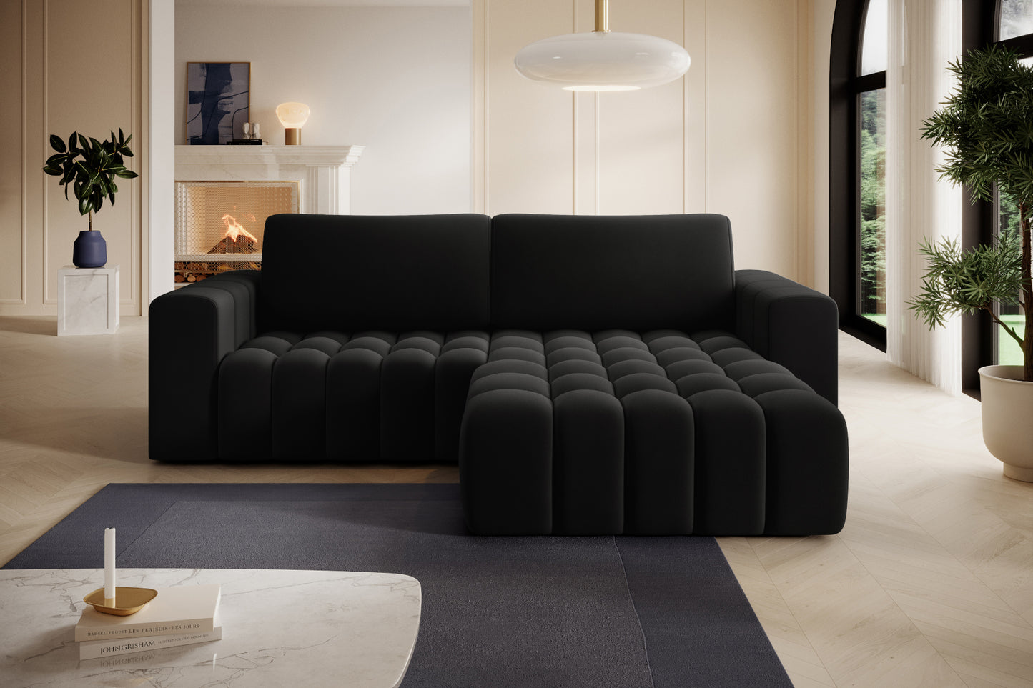 Narożnik Bonett czarny w aranżacji salonu – nowoczesne wnętrze, układ prawy.