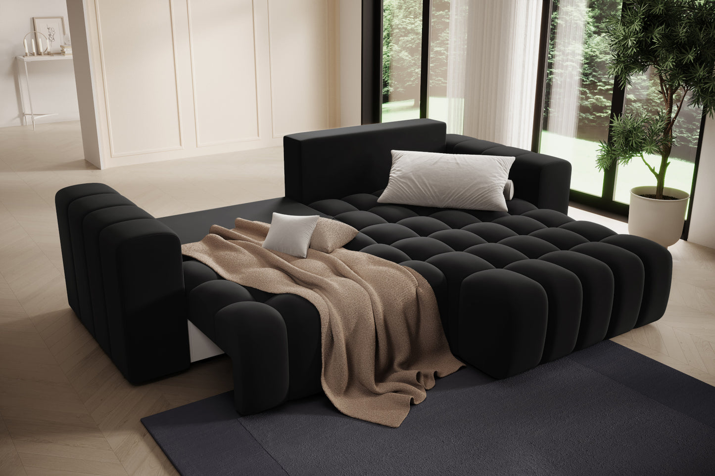 Narożnik Bonett czarny – pokaz funkcji spania typu DL, układ prawy.