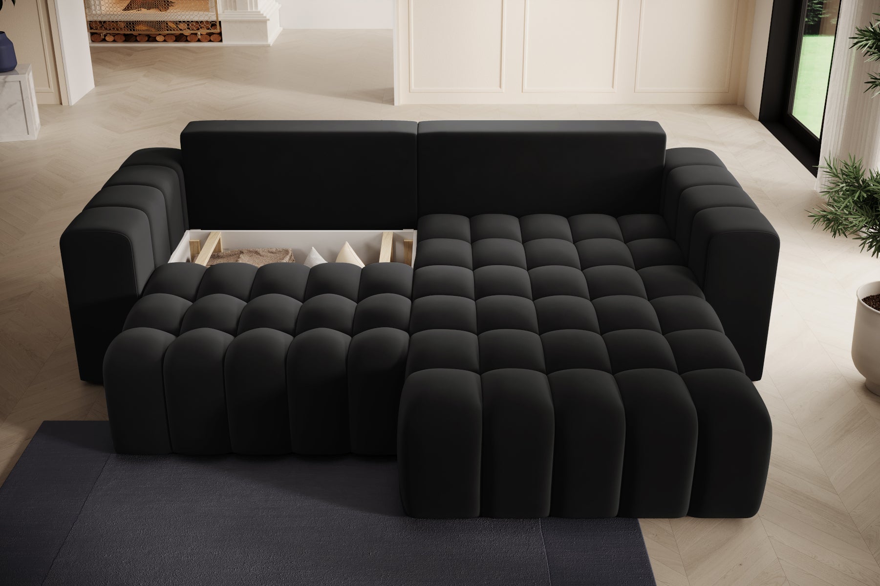 Bonett – ujęcie z góry z pledem na szezlongu, czarna tapicerka.