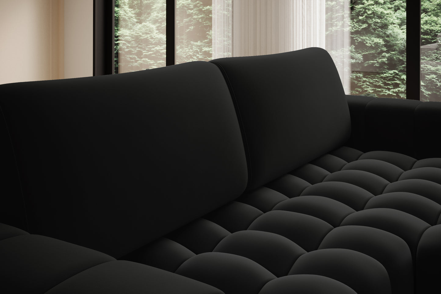 Zbliżenie oparcia i poduch narożnika Bonett w czarnej tkaninie, układ prawy.