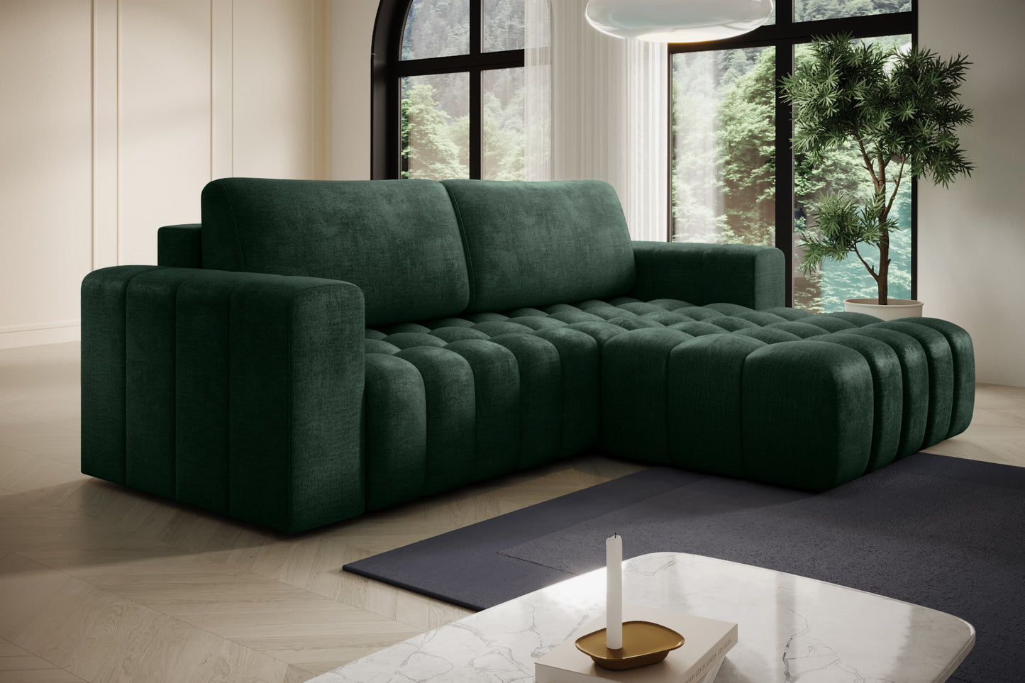 Bonett zielony – widok narożny w nowoczesnym salonie, układ prawy.