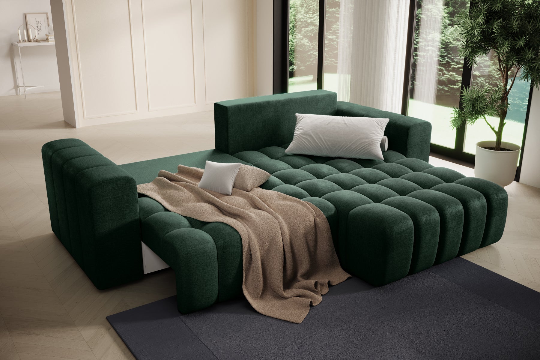 Narożnik Bonett z pledem na szezlongu – przytulna aranżacja, układ prawy.