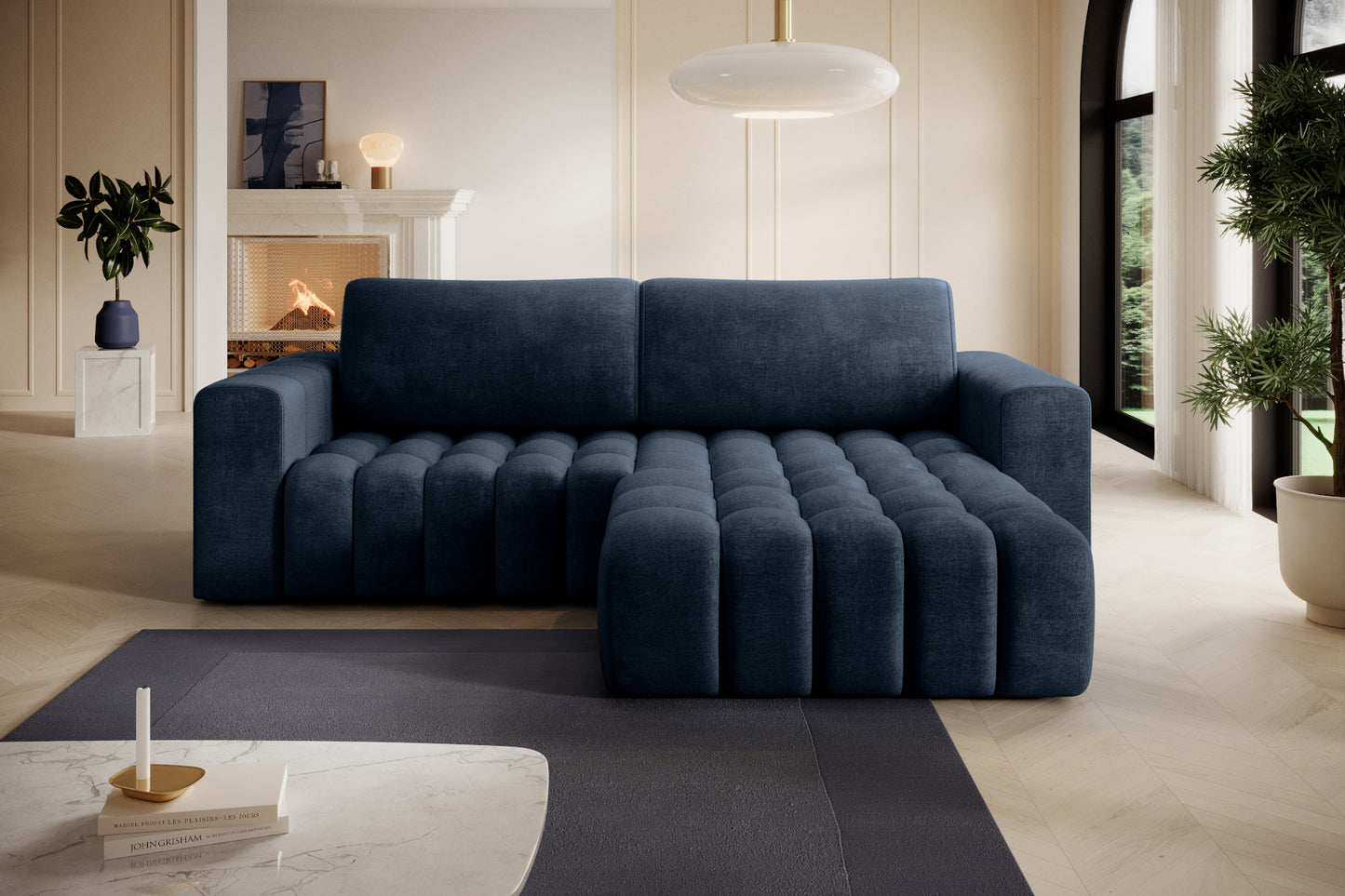 Bonett Monolith 77 niebieski w nowoczesnej aranżacji salonu, układ prawy.
