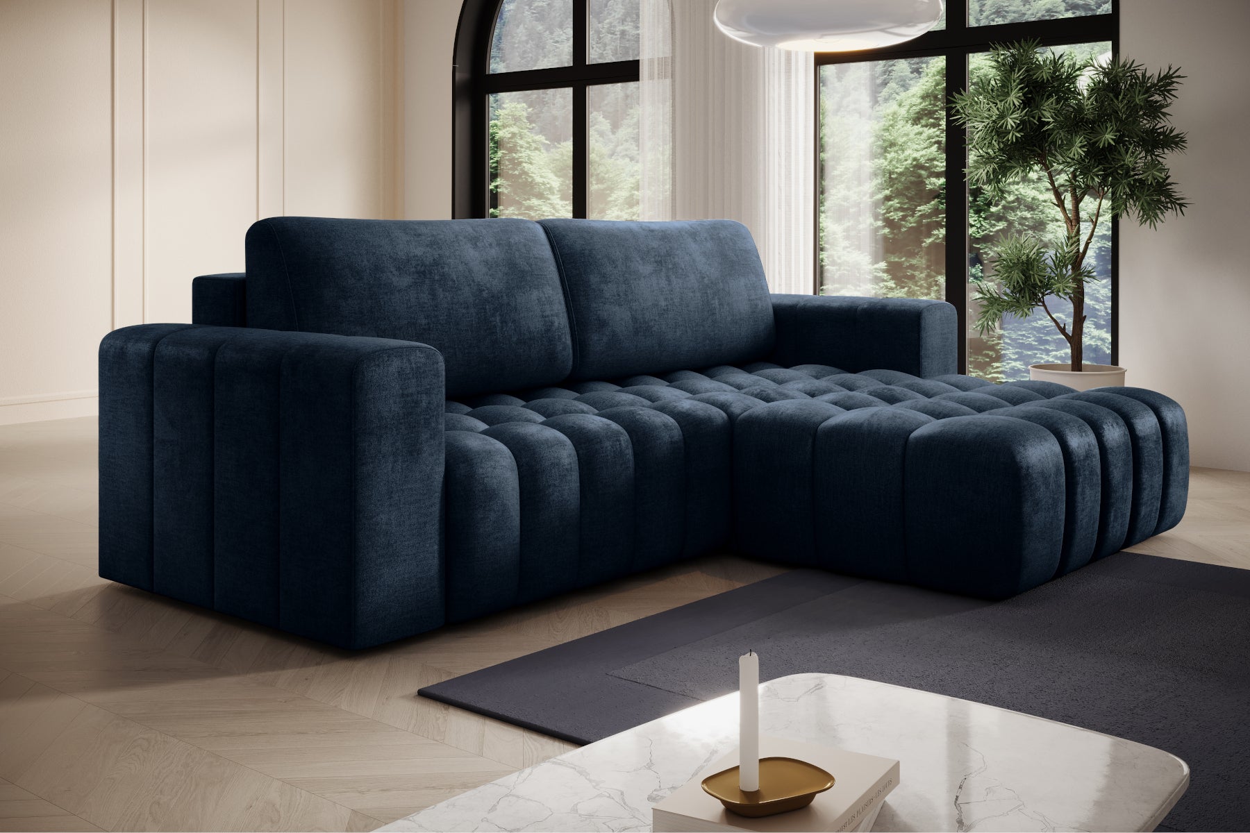 Perspektywiczny widok narożny sofy Bonett, tkanina Monolith 77 niebieski, układ prawy.