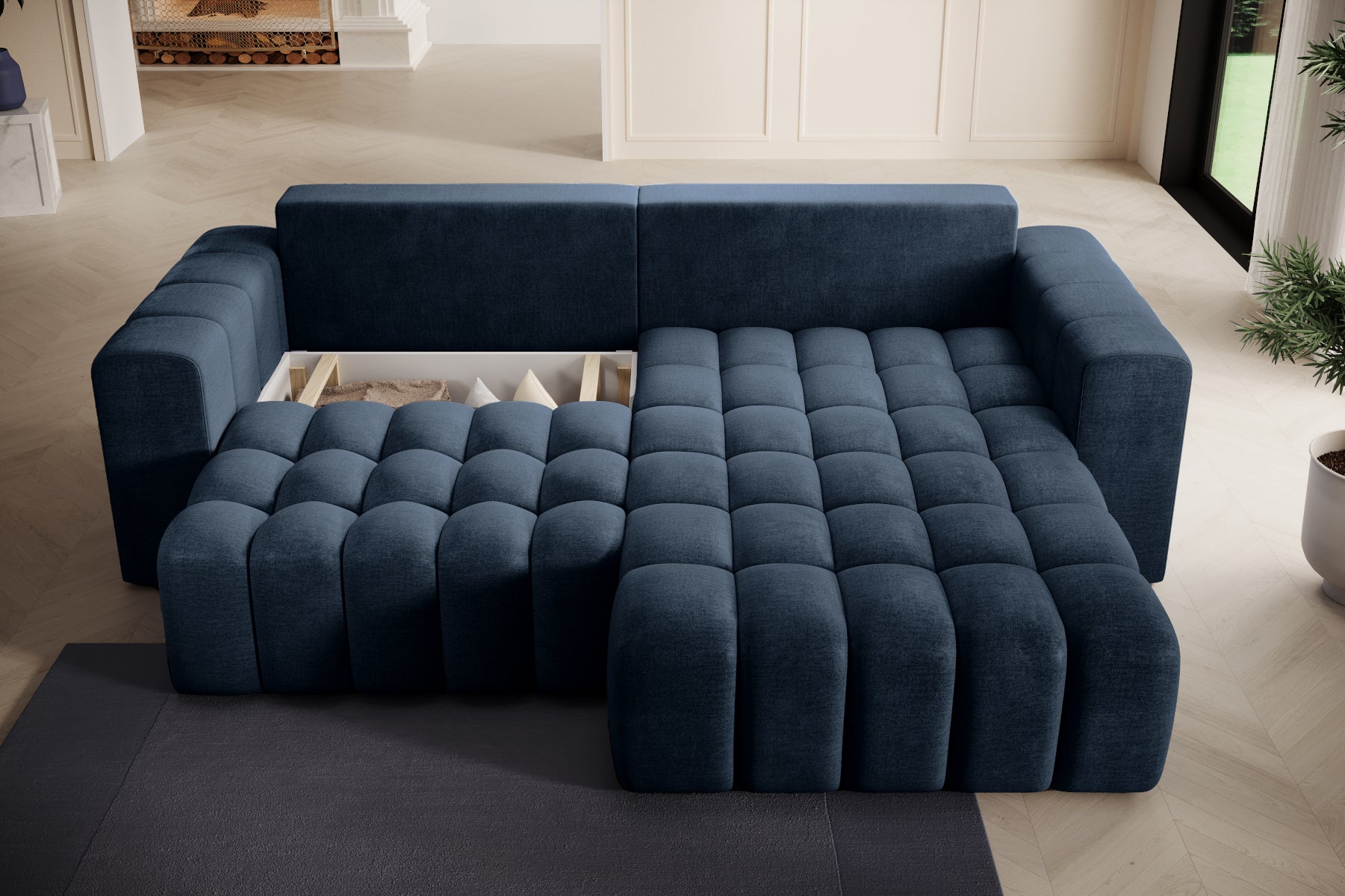 Bonett Monolith 77 rozłożony do spania z pikowanym siedziskiem, układ prawy.