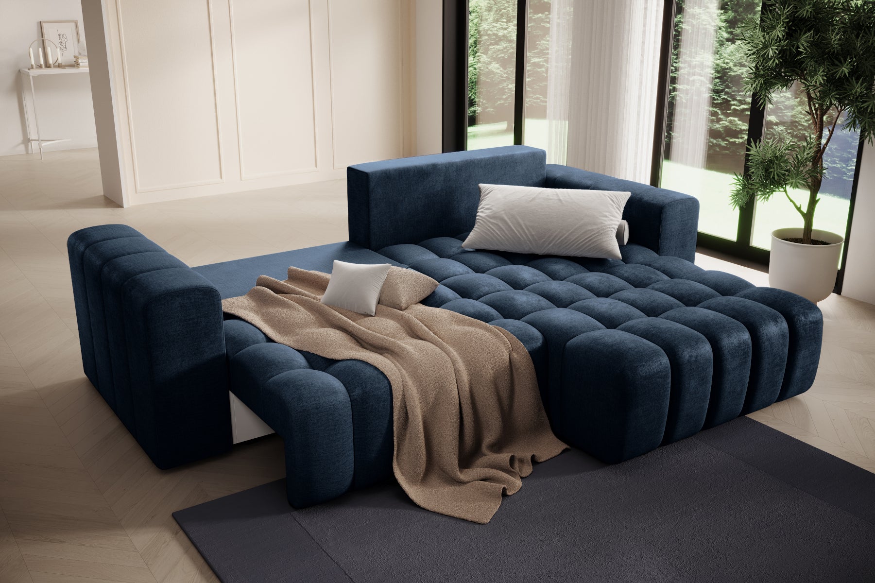 Strefa relaksu z pledem na szezlongu – narożnik Bonett Monolith 77, układ prawy.