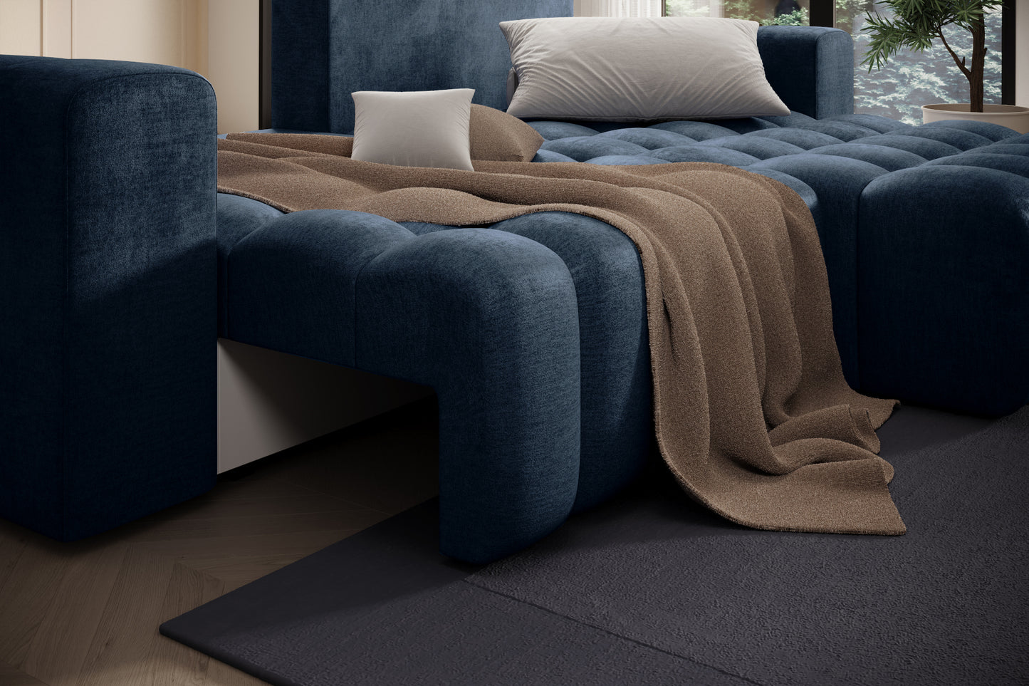 Detal oparcia i przeszyć tapicerki narożnika Bonett w tkaninie Monolith 77 niebieski.