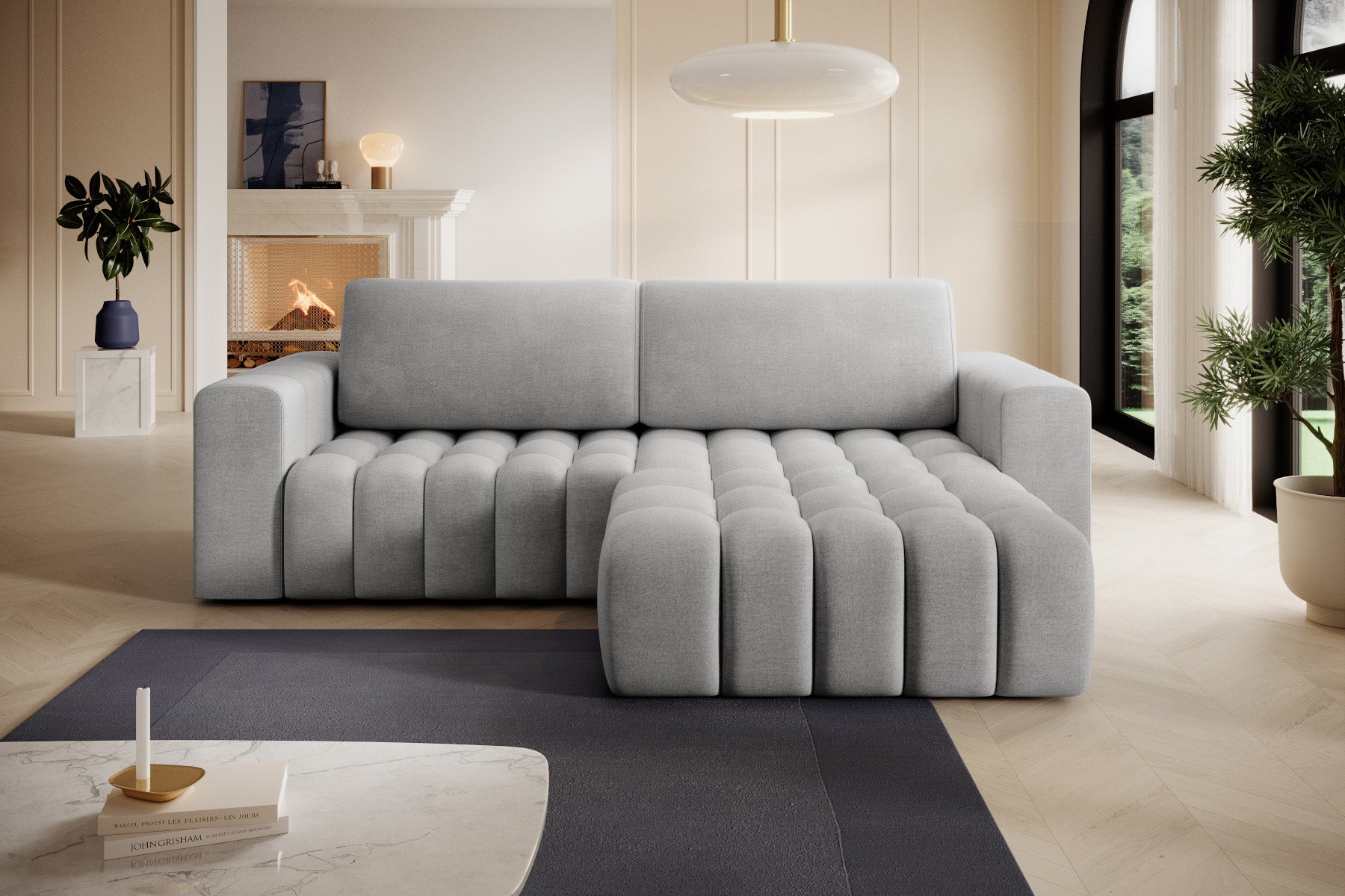 Bonett w tkaninie Monolith 84 w nowoczesnej aranżacji salonu, układ prawy.