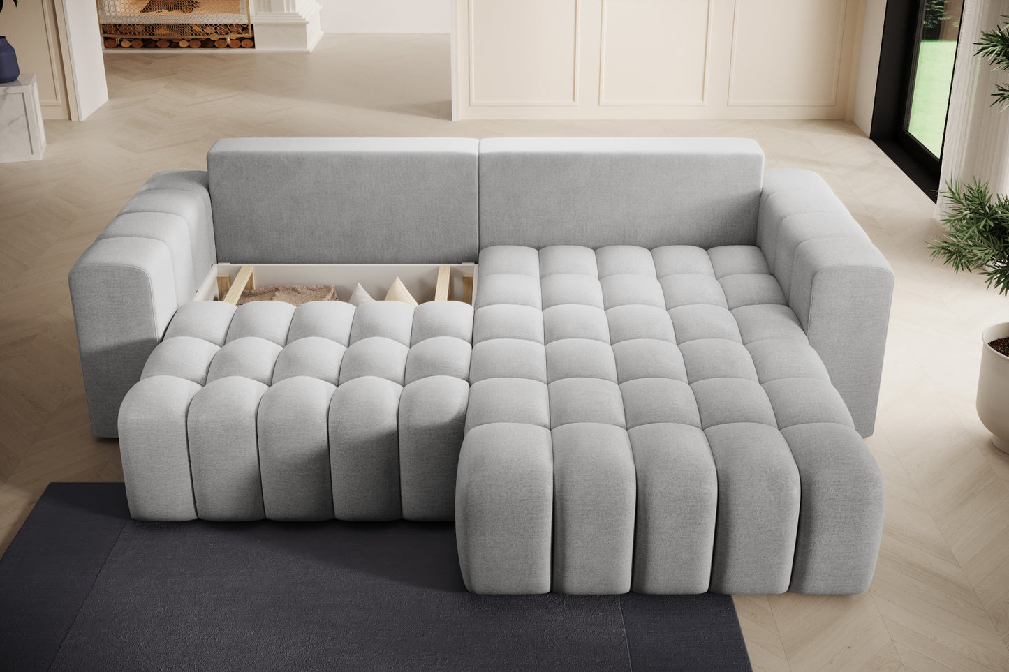 Bonett Monolith 84 rozłożony do spania z pikowanym siedziskiem.