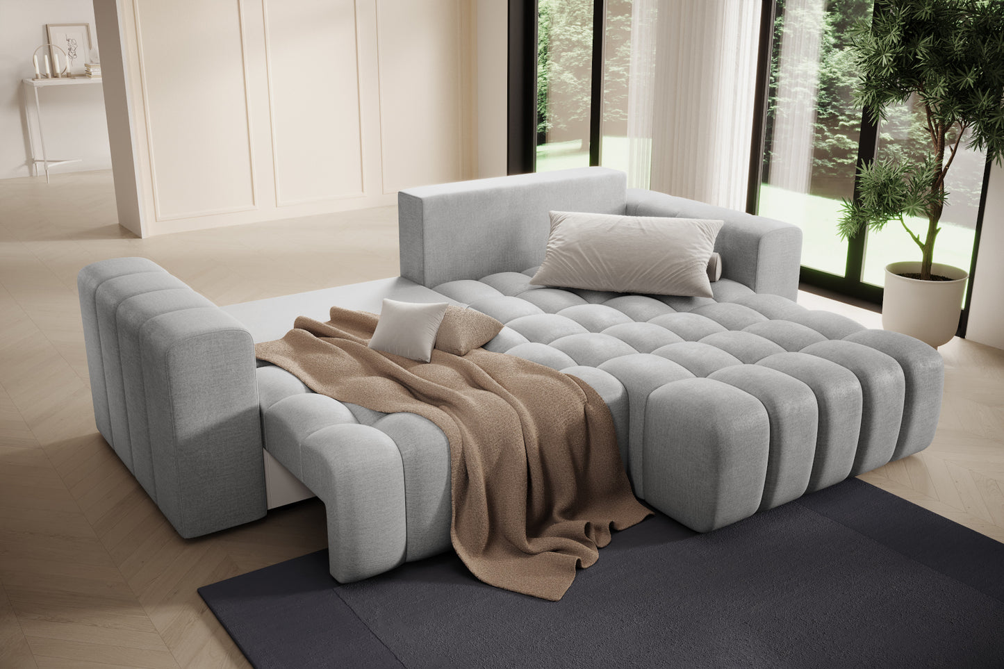 Strefa relaksu z pledem na szezlongu – narożnik Bonett Monolith 84, układ prawy.