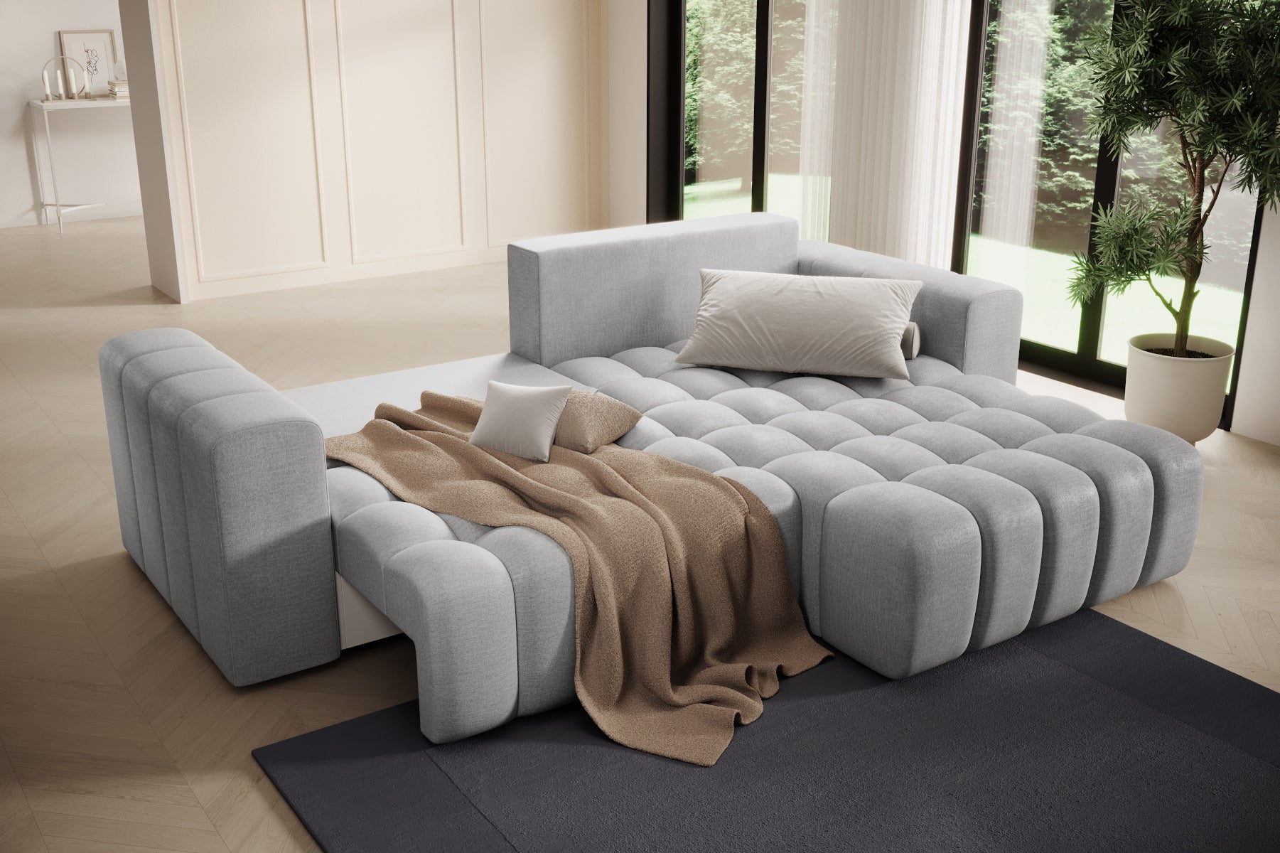 Strefa relaksu z pledem na szezlongu – narożnik Bonett Monolith 84, układ prawy.