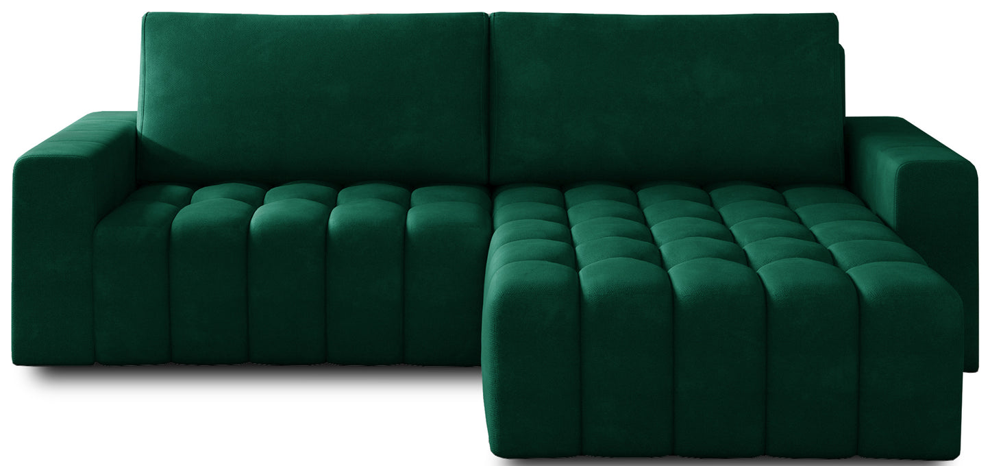 Narożnik Bonett w tkaninie Kronos 19 zielony – widok frontowy, układ prawy.