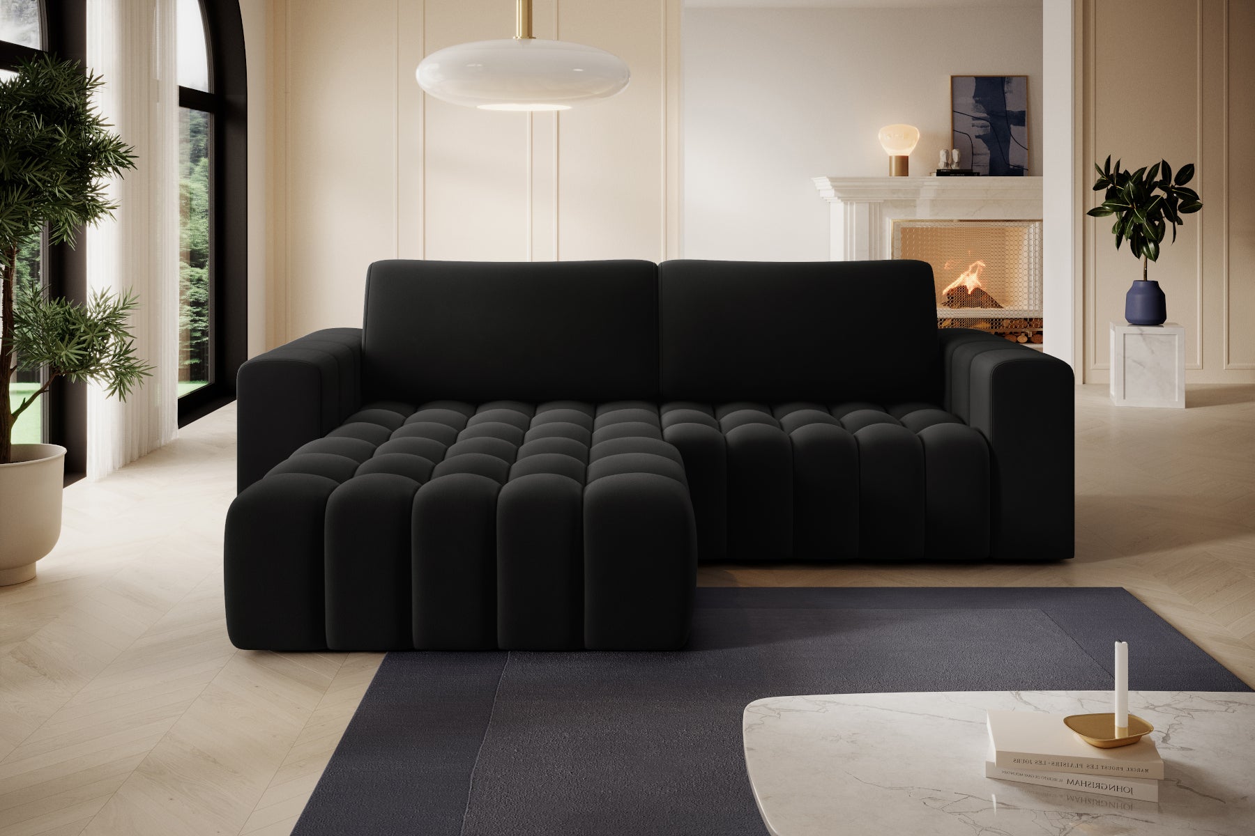 Bonett w aranżacji salonu – przód i lewa strona, tkanina Mat Velvet 99 czarny.