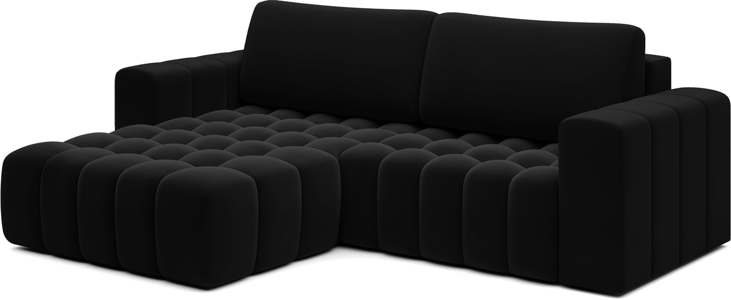 Modułowy narożnik Bonett – widok z góry na układ L, pikowane siedziska, kolor czarny.