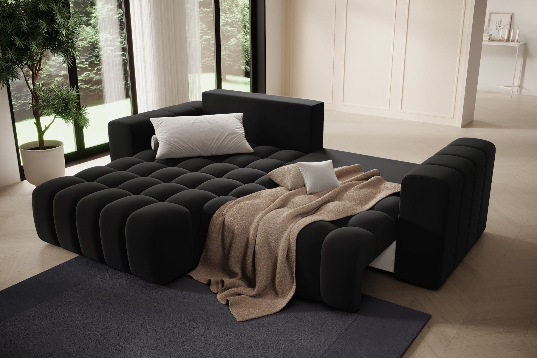 Narożnik Bonett po rozłożeniu – funkcja spania, tkanina czarna Mat Velvet 99.