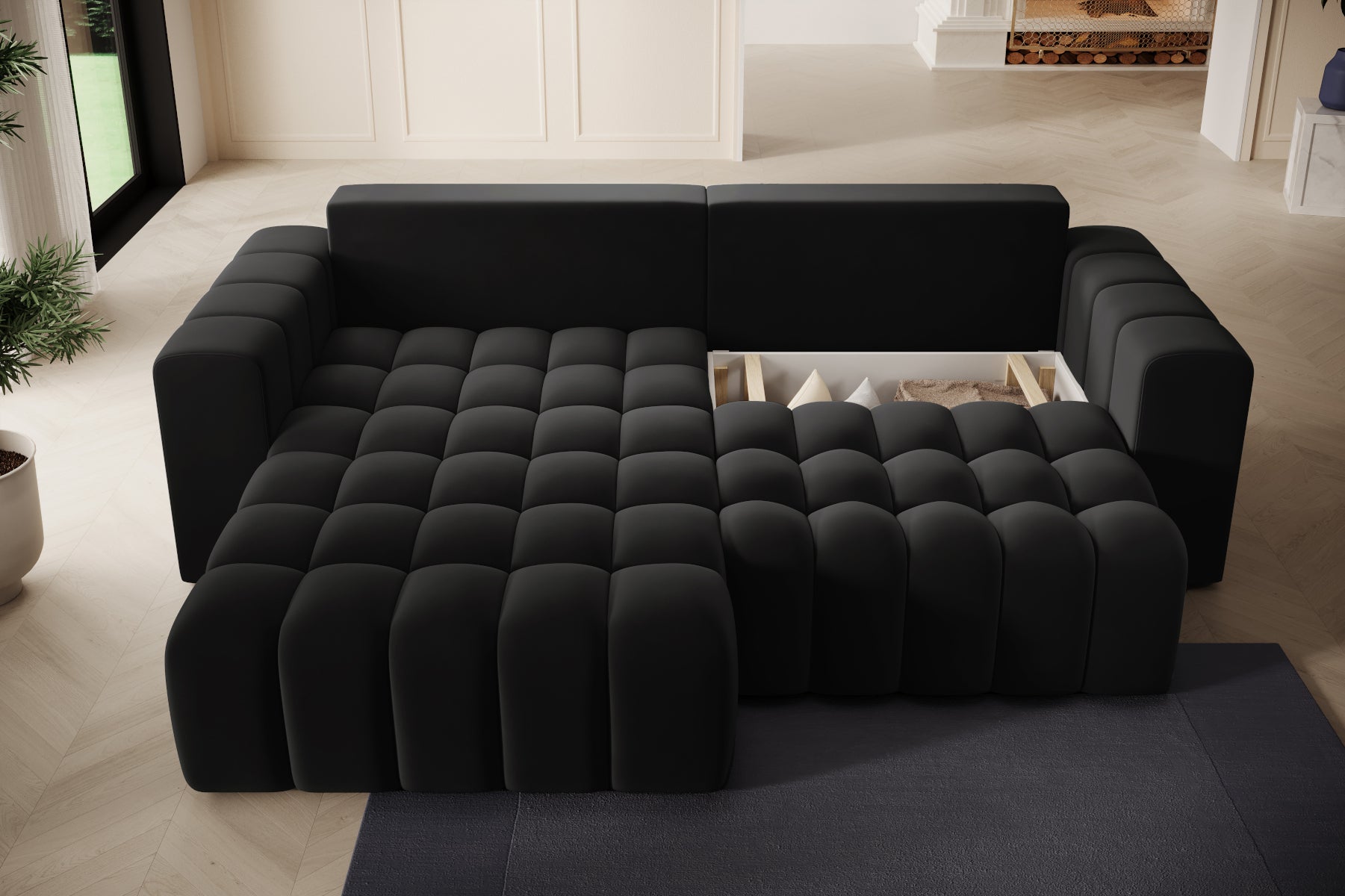 Zbliżenie na pikowane, miękkie siedziska narożnika Bonett – Mat Velvet 99 czarny.