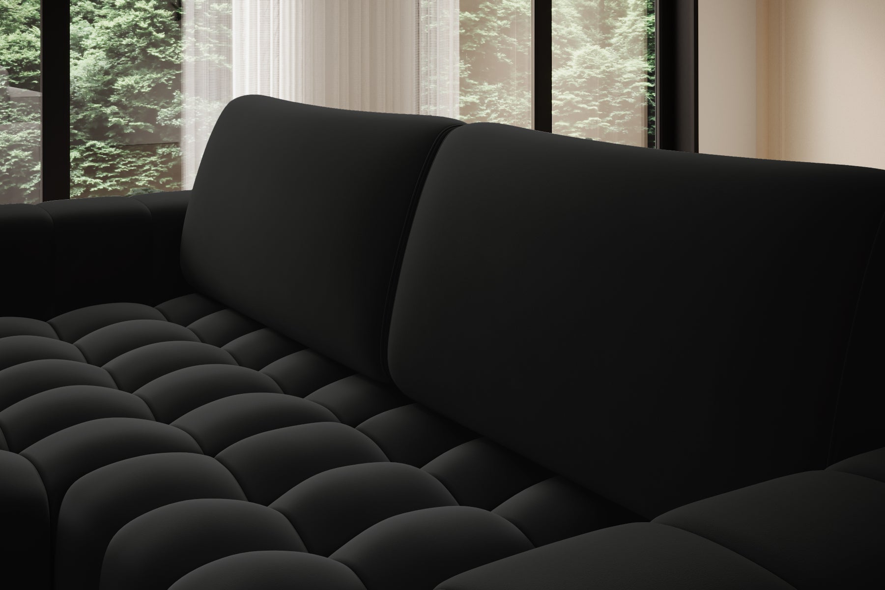 Detal oparcia i boczka – struktura tkaniny Mat Velvet 99 w narożniku Bonett.