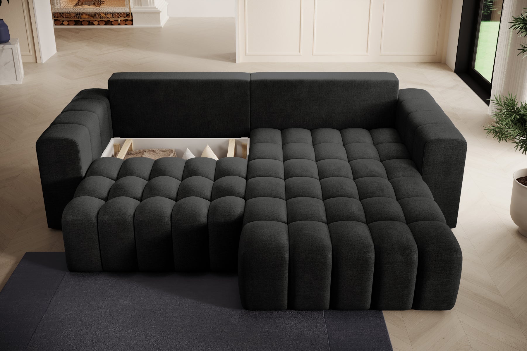 Zbliżenie na pikowane siedzisko narożnika Bonett – tkanina Monolith 97.