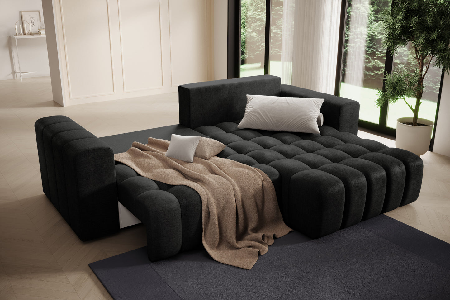Strefa relaksu narożnika Bonett w kolorze Monolith 97 z pledem – układ prawy.