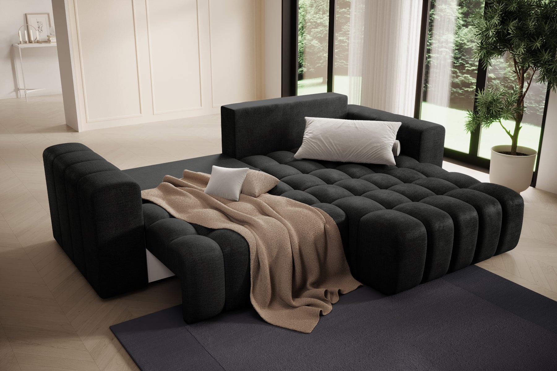 Strefa relaksu narożnika Bonett w kolorze Monolith 97 z pledem – układ prawy.