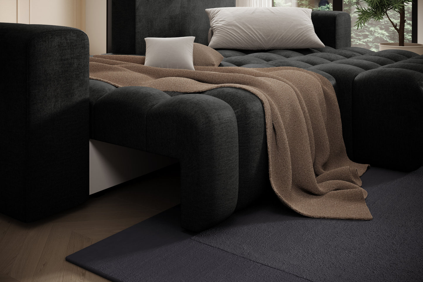 Detal podłokietnika i faktury tkaniny Monolith 97 w narożniku Bonett, układ prawy.