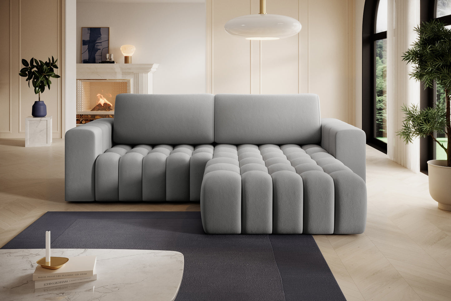 Bonett w tkaninie Paros 05 w nowoczesnej aranżacji salonu, układ prawy.