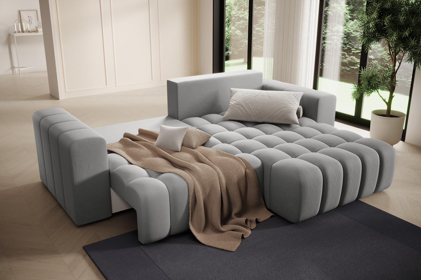 Zbliżenie na miękkie, pikowane siedzisko narożnika Bonett – Paros 05.