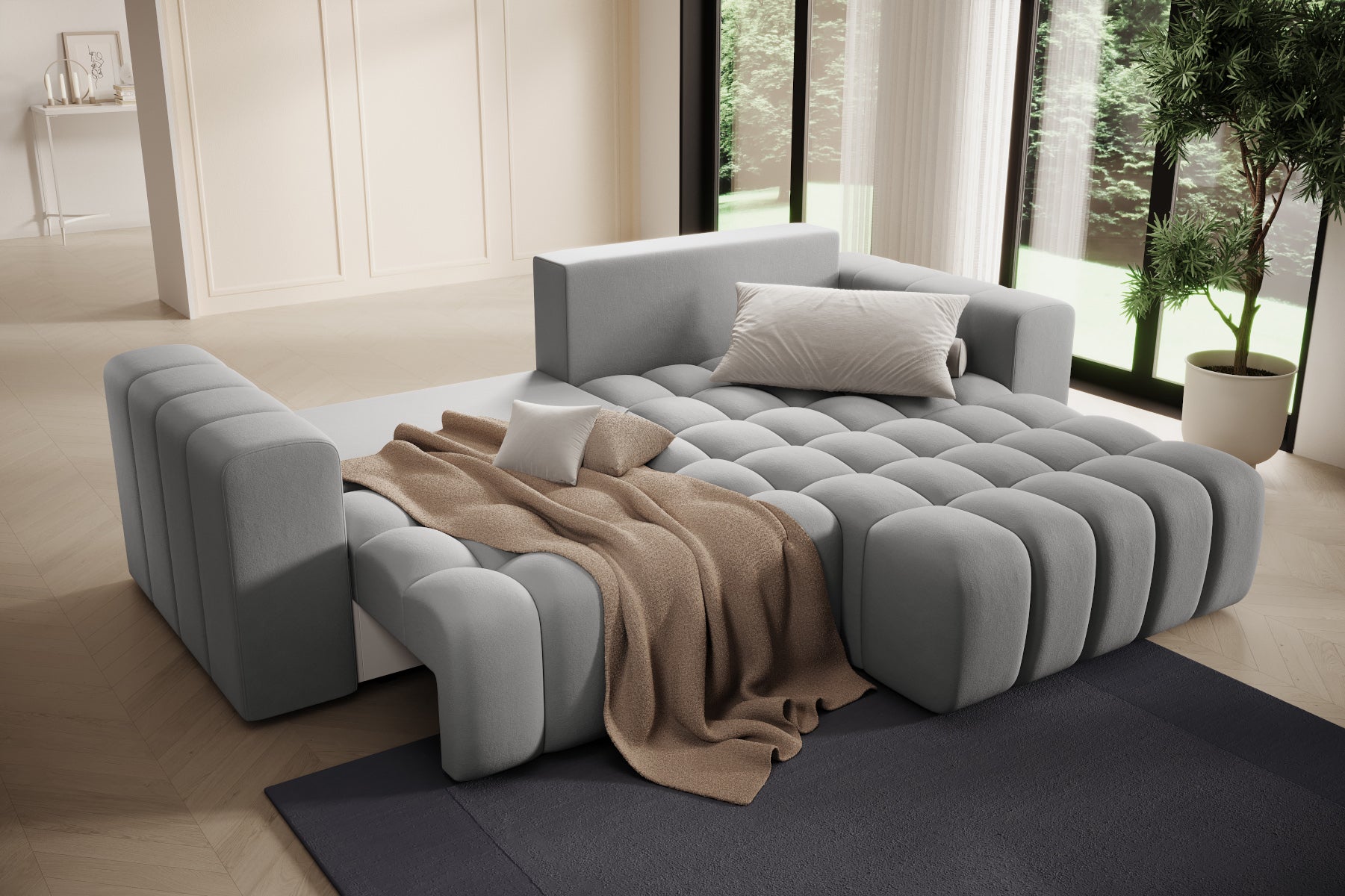 Zbliżenie na miękkie, pikowane siedzisko narożnika Bonett – Paros 05.