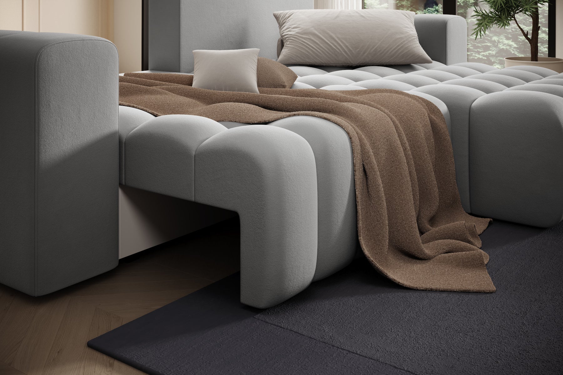 Detal oparcia i przeszyć tapicerki narożnika Bonett w tkaninie Paros 05.