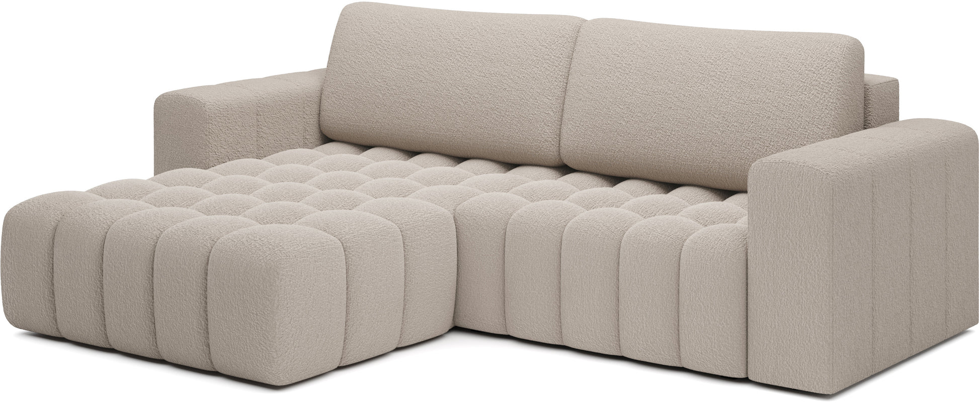 Narożnik w kształcie L z szezlongiem po lewej stronie.