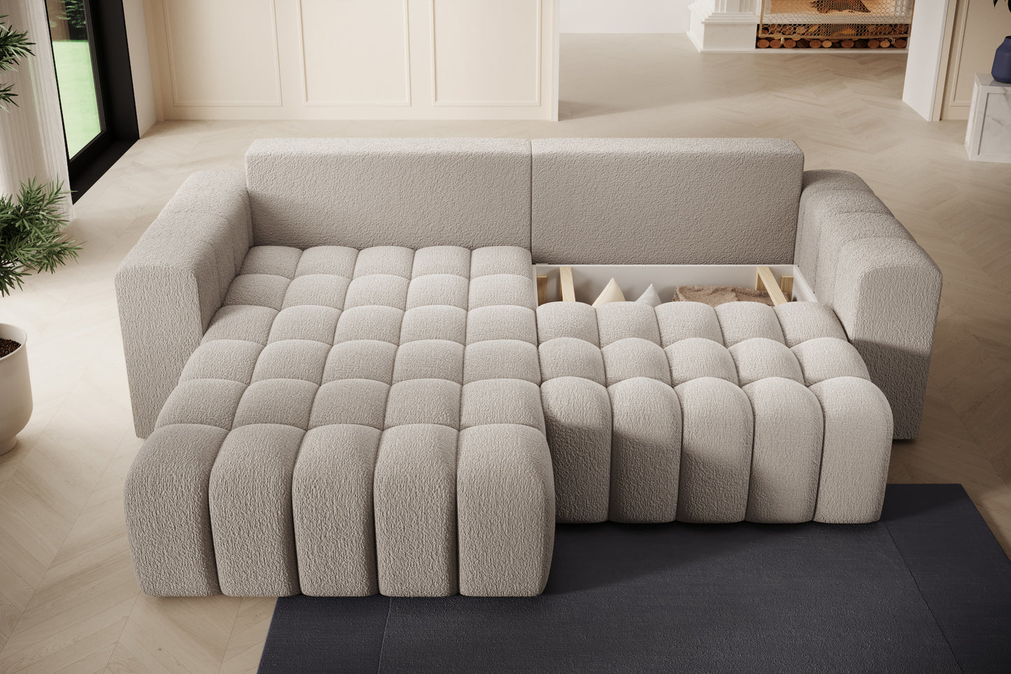 Narożnik Bonett rozłożony do spania z pikowanym siedziskiem, układ lewy.